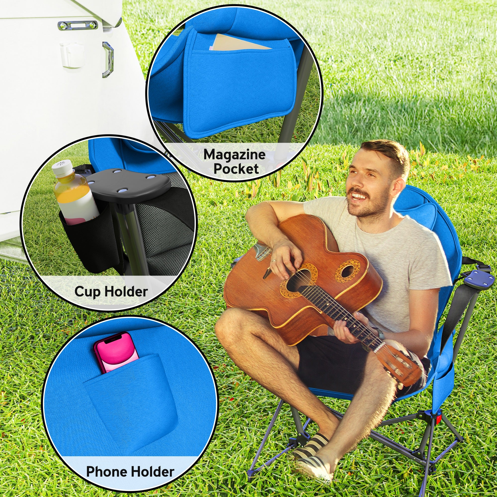 Outsunny Hammock Camping Chair Set of 2, Adjustable Back Swinging Camping Chair Portable Camp Chair with Cup Holder, Headrest, Padded Seat and Carry Bag for Travel Fishing Hiking, Blue - North Peak Garden Furniture