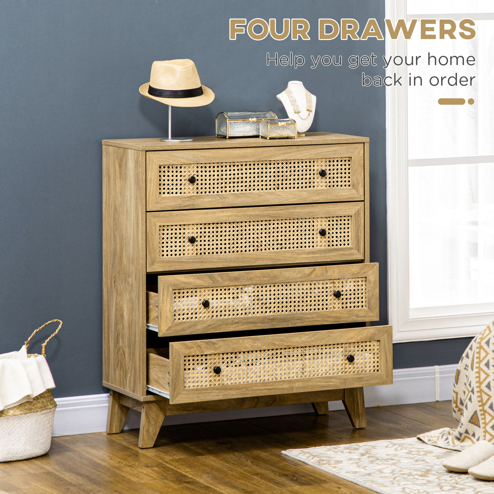 HOMCOM Storage Cabinet, 4-Drawer Unit with Rattan Element for Bedroom, Living Room, 80cmx35cmx95cm, Wood Effect - North Peak Garden Furniture