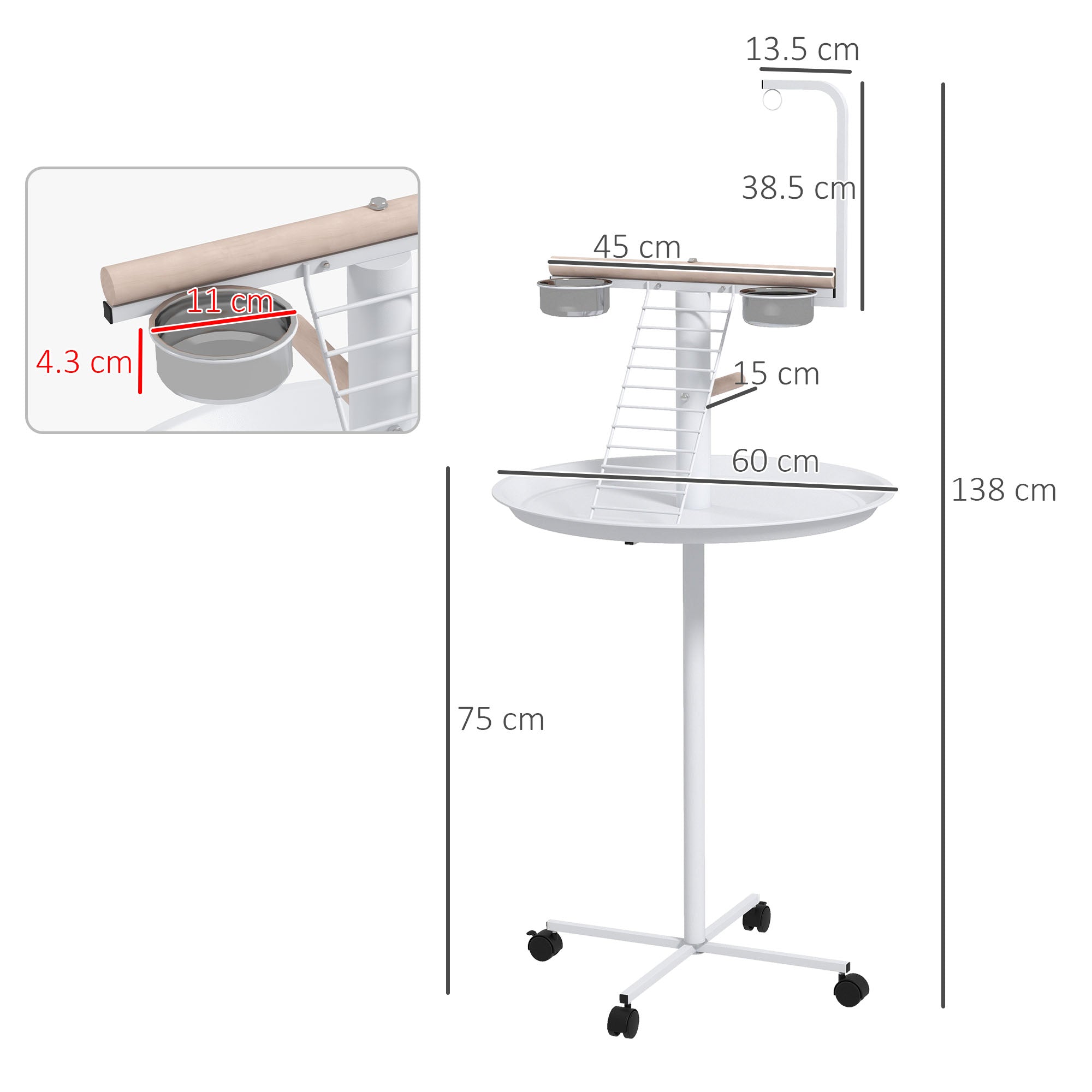 PawHut Bird Stand with Four Wheels, Perches, Stainless Steel Feed Bowls, Round Tray, for Garden, Indoor, Outdoor - White - North Peak Garden Furniture