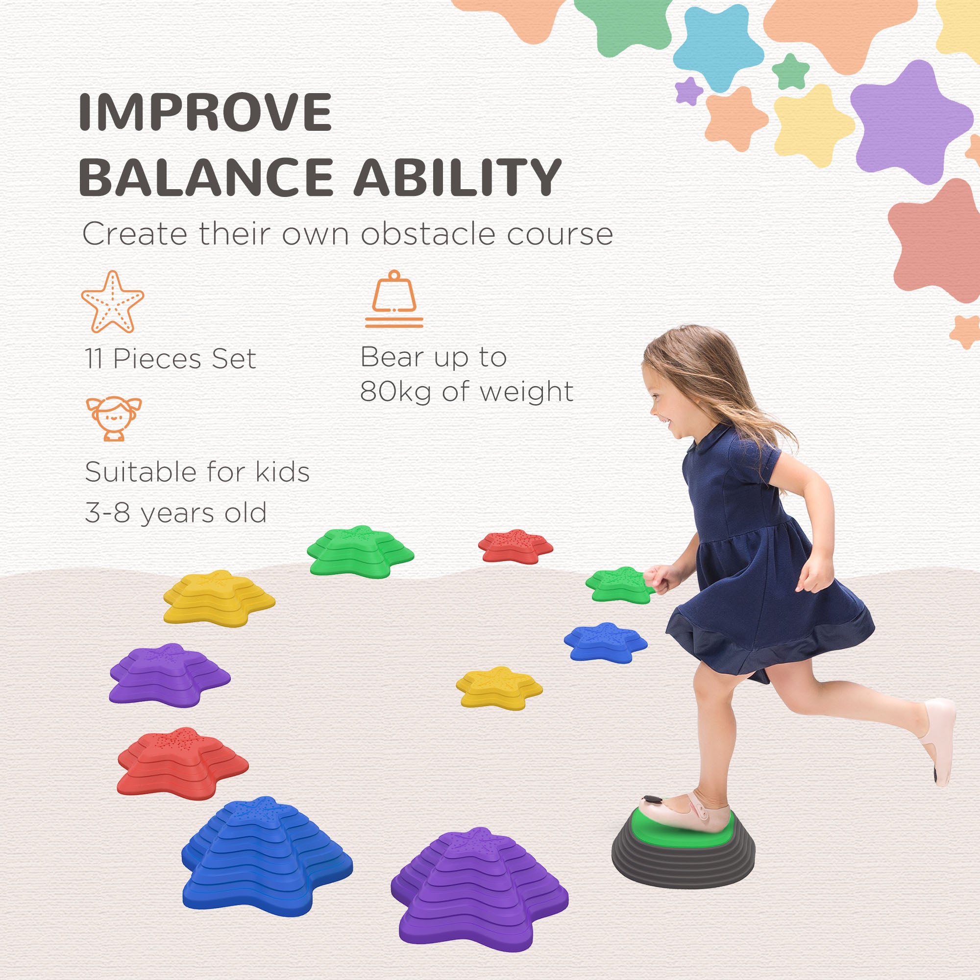 ZONEKIZ Kids Stepping Stones, 11 Pieces Balance River Stones for Obstacle Course, Stackable Non-Slip Starfish Shape, Sensory Play for Indoors, Outdoors - North Peak Garden Furniture