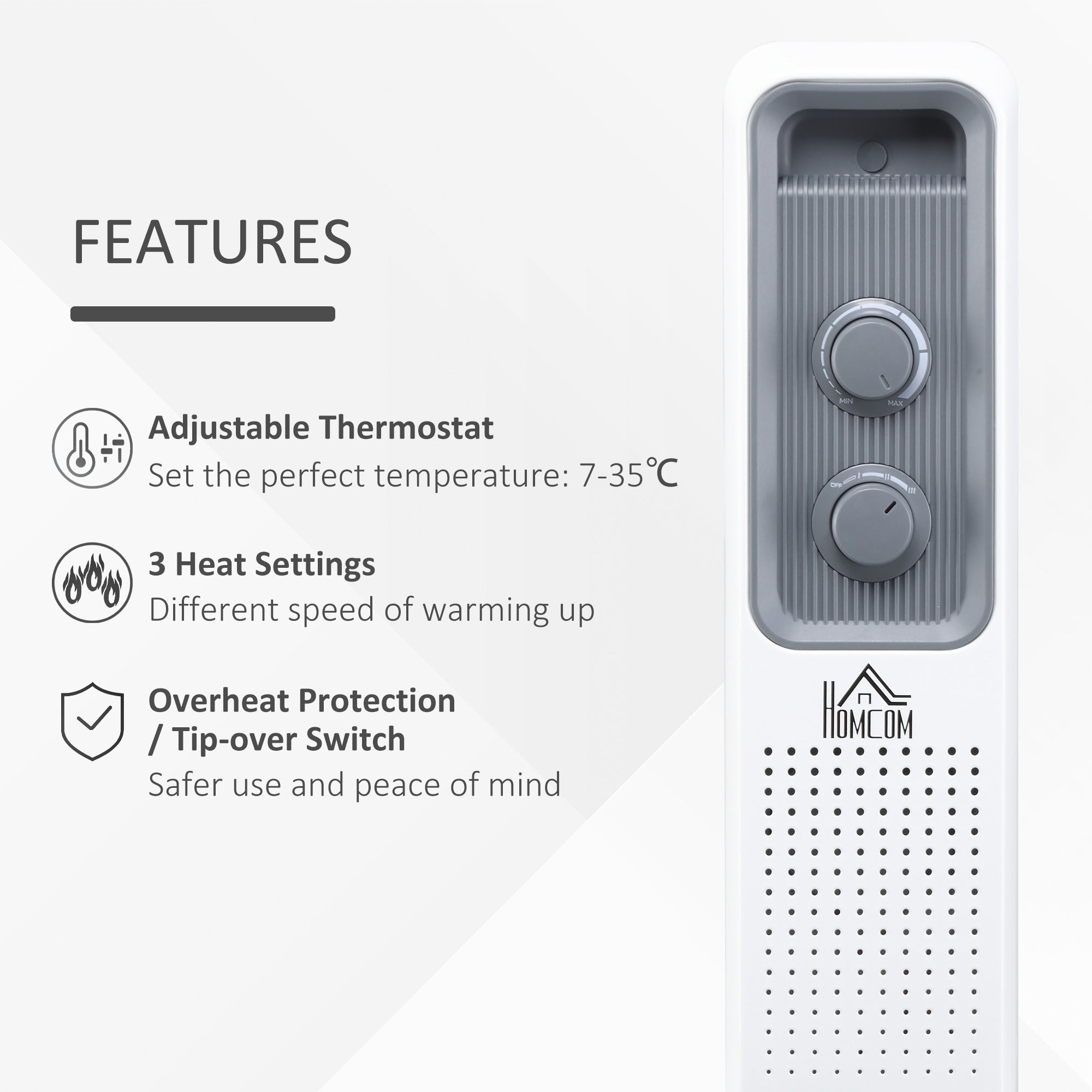 HOMCOM 2500W Oil Filled Radiator, 11 Fin, Portable Electric Heater with 3 Heat Settings, Safety Cut-Off and Wheels, White - North Peak Garden Furniture