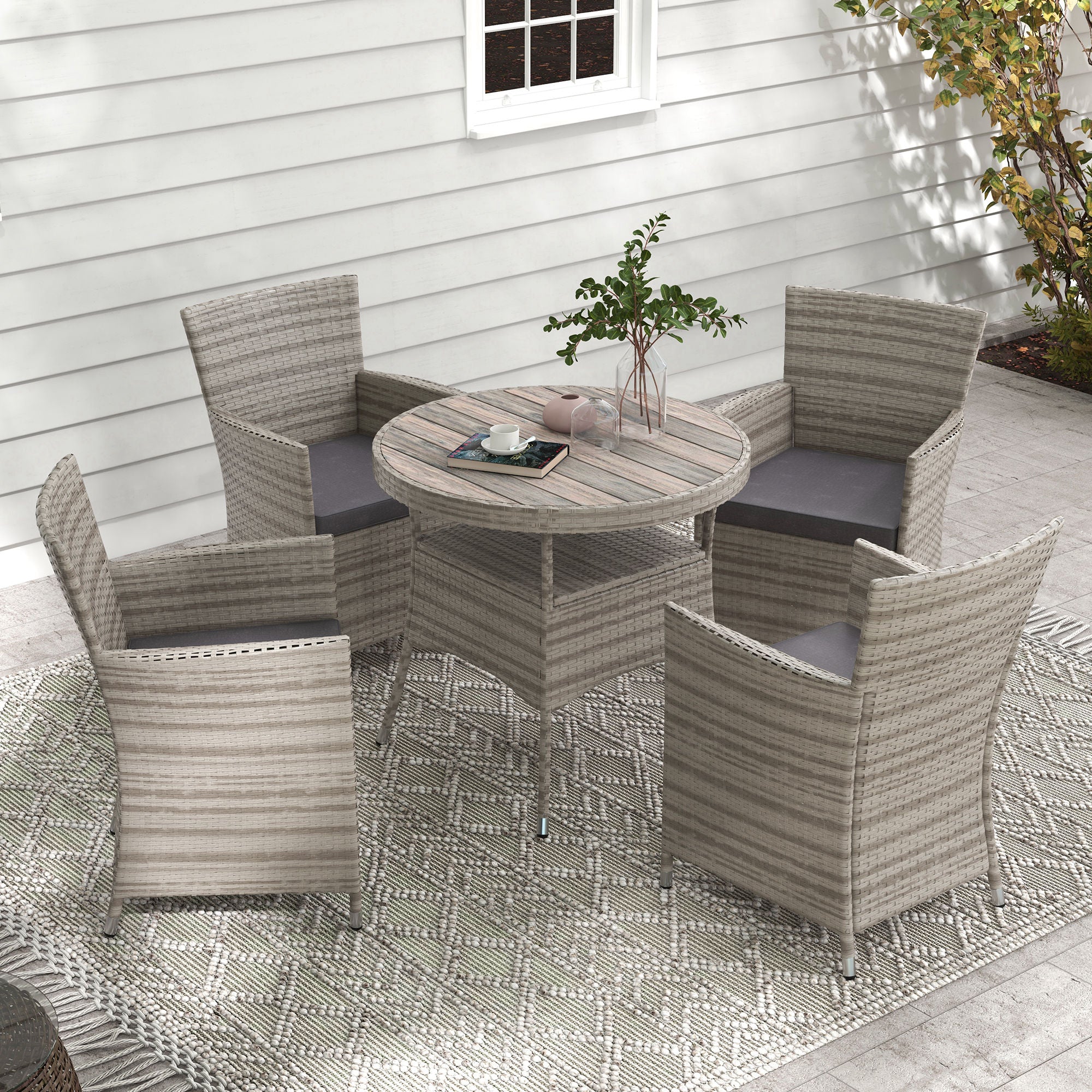 Outsunny Five-Piece Rattan Garden Set, with Two-Tier Table - Grey