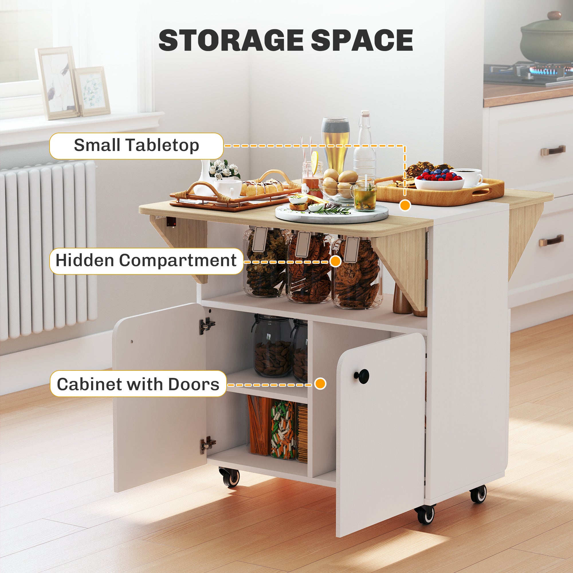 HOMCOM Folding Dining Table, Rolling Drop Leaf Table with Hidden Shelf & Cabinet for Dining Room, Small Spaces, White