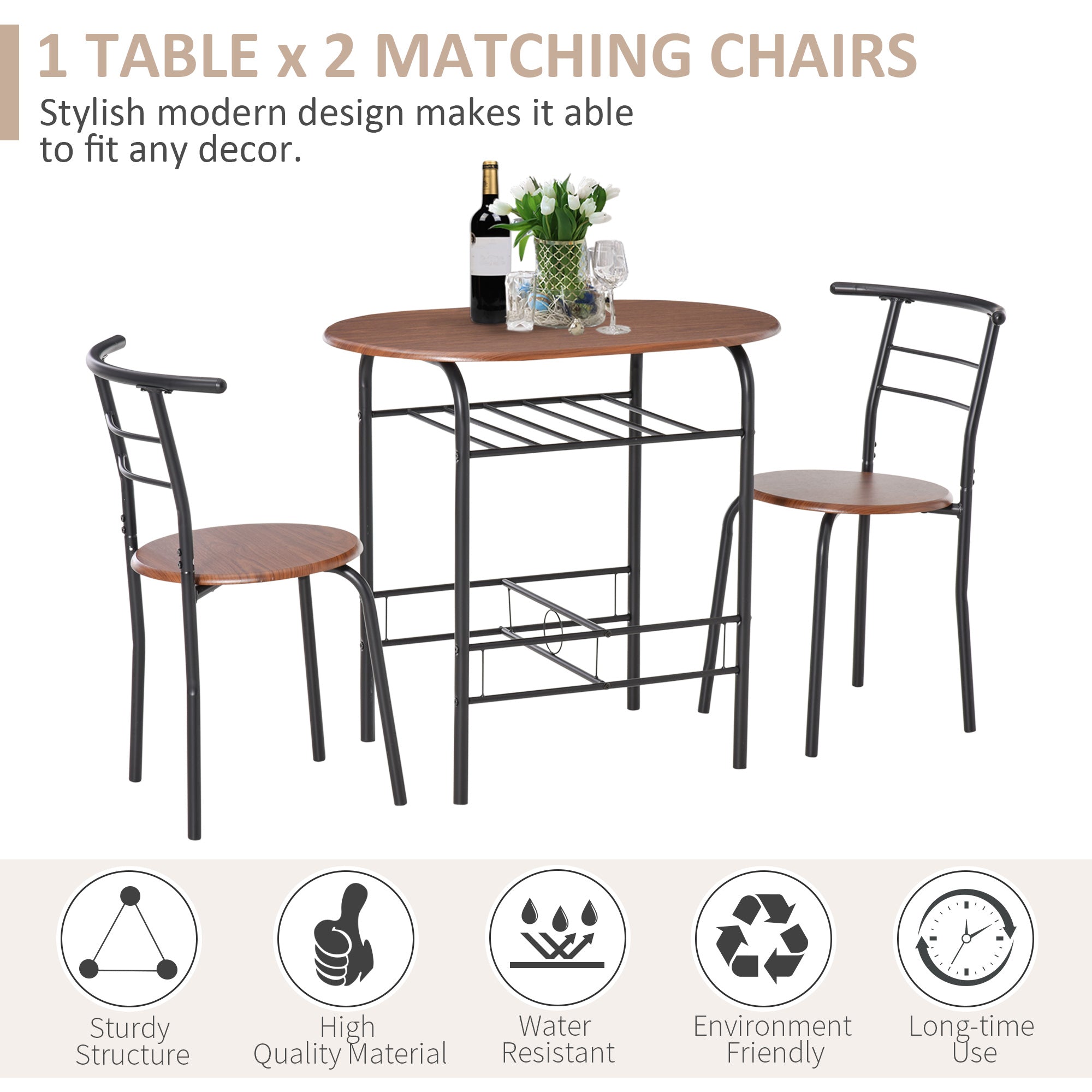 HOMCOM 3-Piece Dining Table Set , Metal Frame Wood Top Breakfast Bar Table Set for 2, Dining Table w/Storage Shelf & 2 chairs - North Peak Garden Furniture