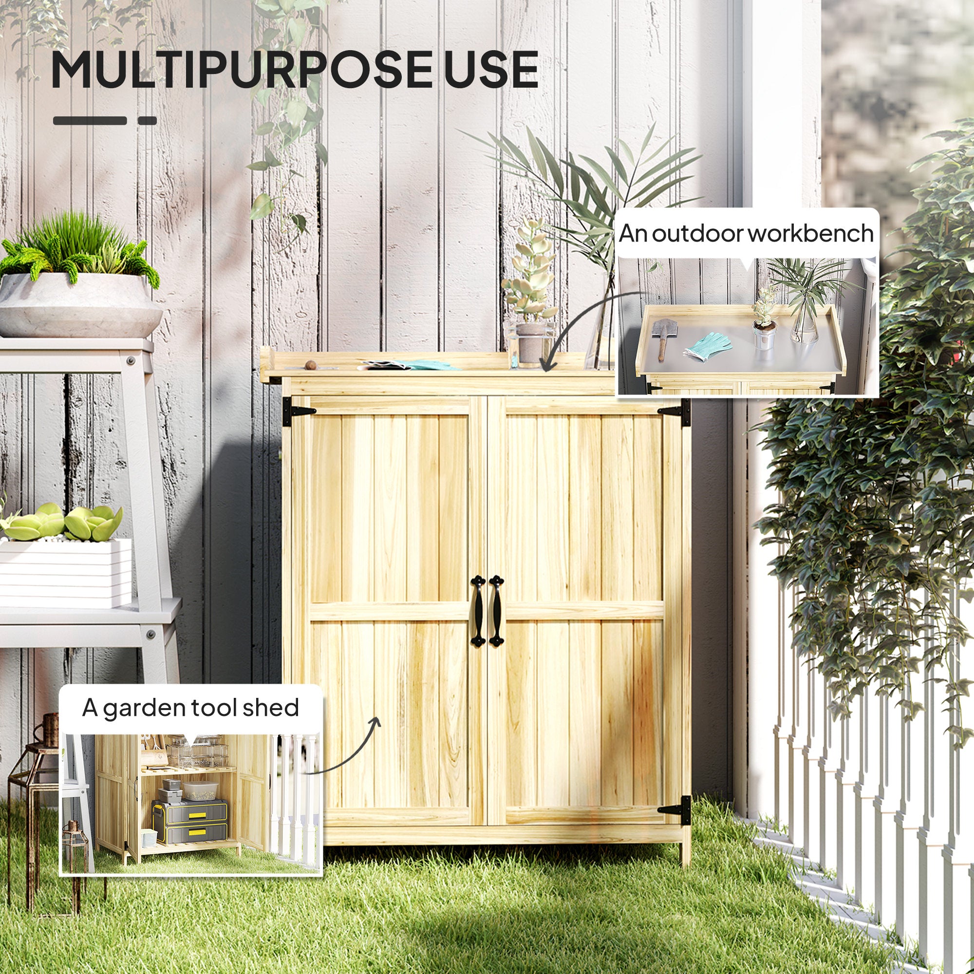 Outsunny 43 x 74cm Fir Wood Shed, with Metal Worktop - Natural Finish - North Peak Garden Furniture