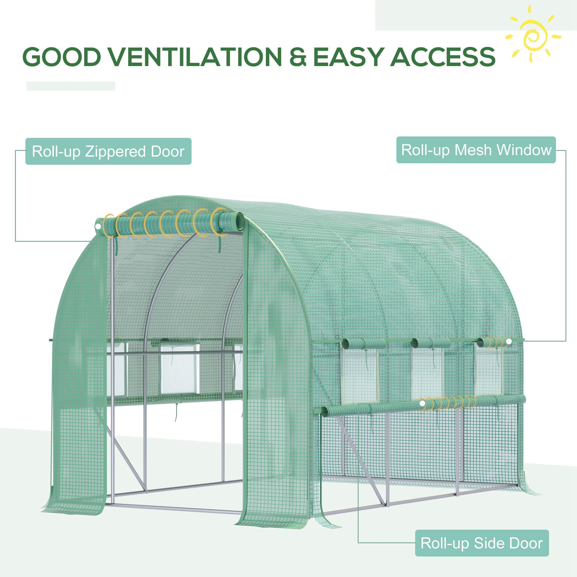 Outsunny Walk-in Polytunnel Greenhouse Green House with Roll-up Sidewalls, UV-resistant PE Cover, 3 x 2 x 2m, Green - North Peak Garden Furniture