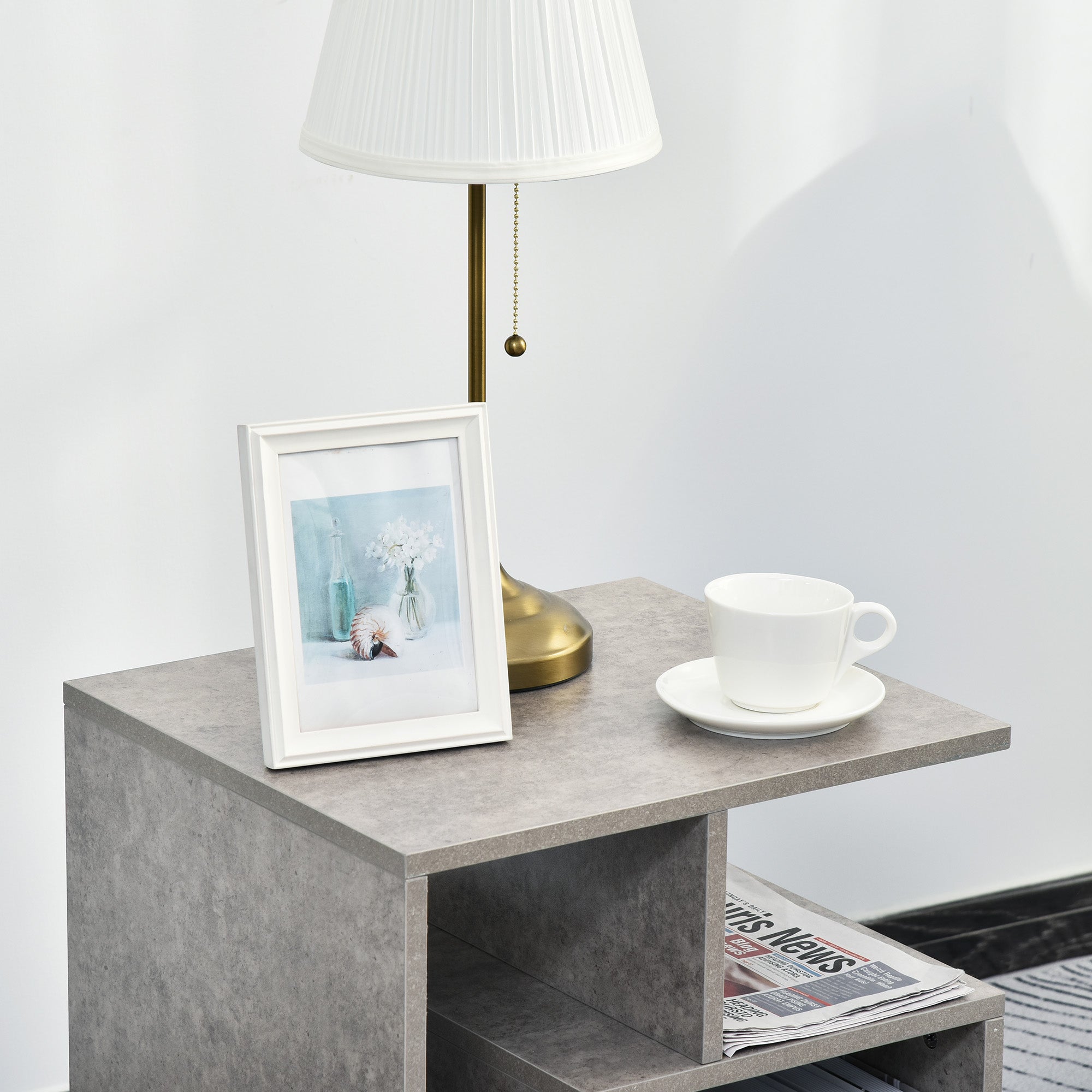 HOMCOM Side Table, 3 Tier End Table with Open Storage Shelves, Living Room Coffee Table Organiser Unit, Cement Colour - North Peak Garden Furniture