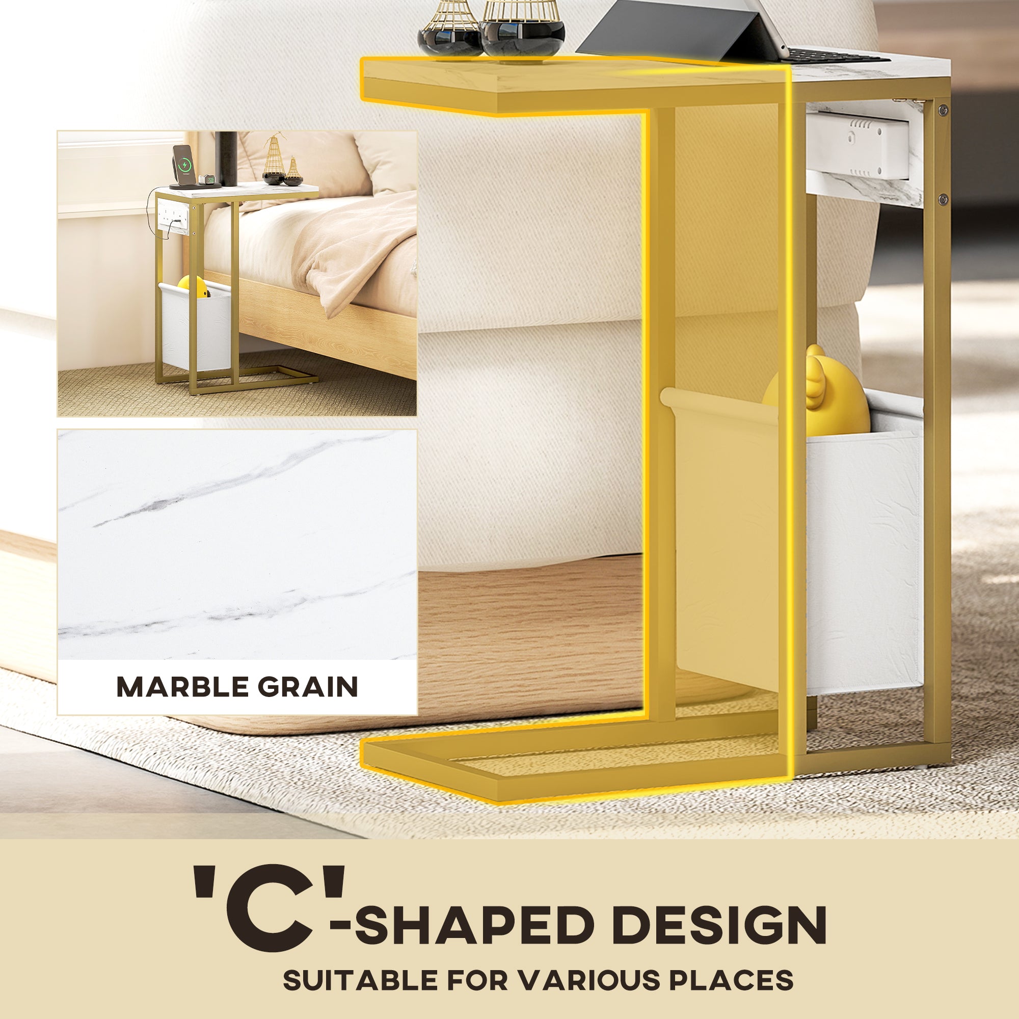 HOMCOM C Shaped Side Table with Charging Station and Faux Marble Top - White - North Peak Garden Furniture