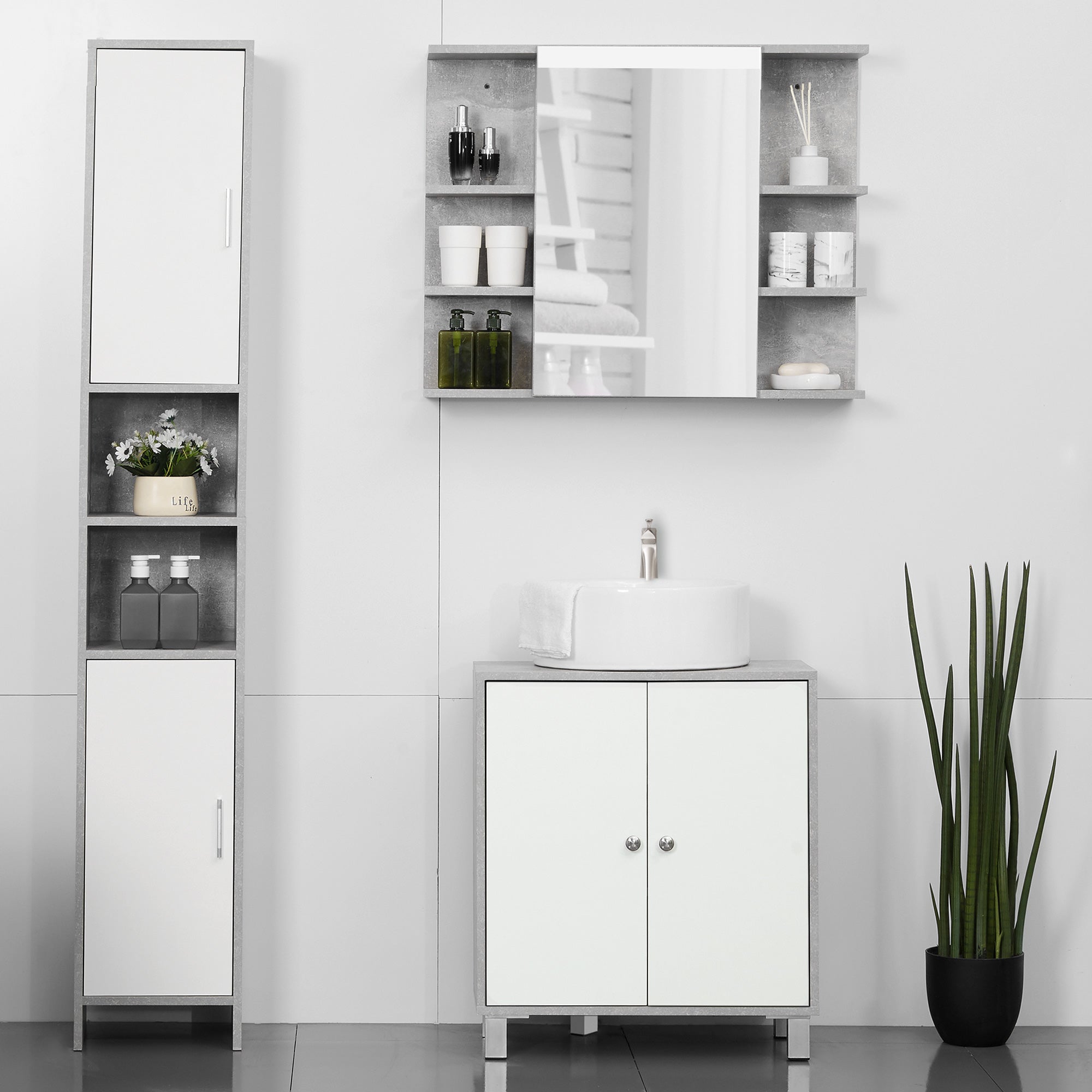 kleankin Under Sink Cabinet, Bathroom Vanity Unit, Pedestal Under Sink Design, Storage Cupboard with Adjustable Shelves, White and Grey - North Peak Garden Furniture