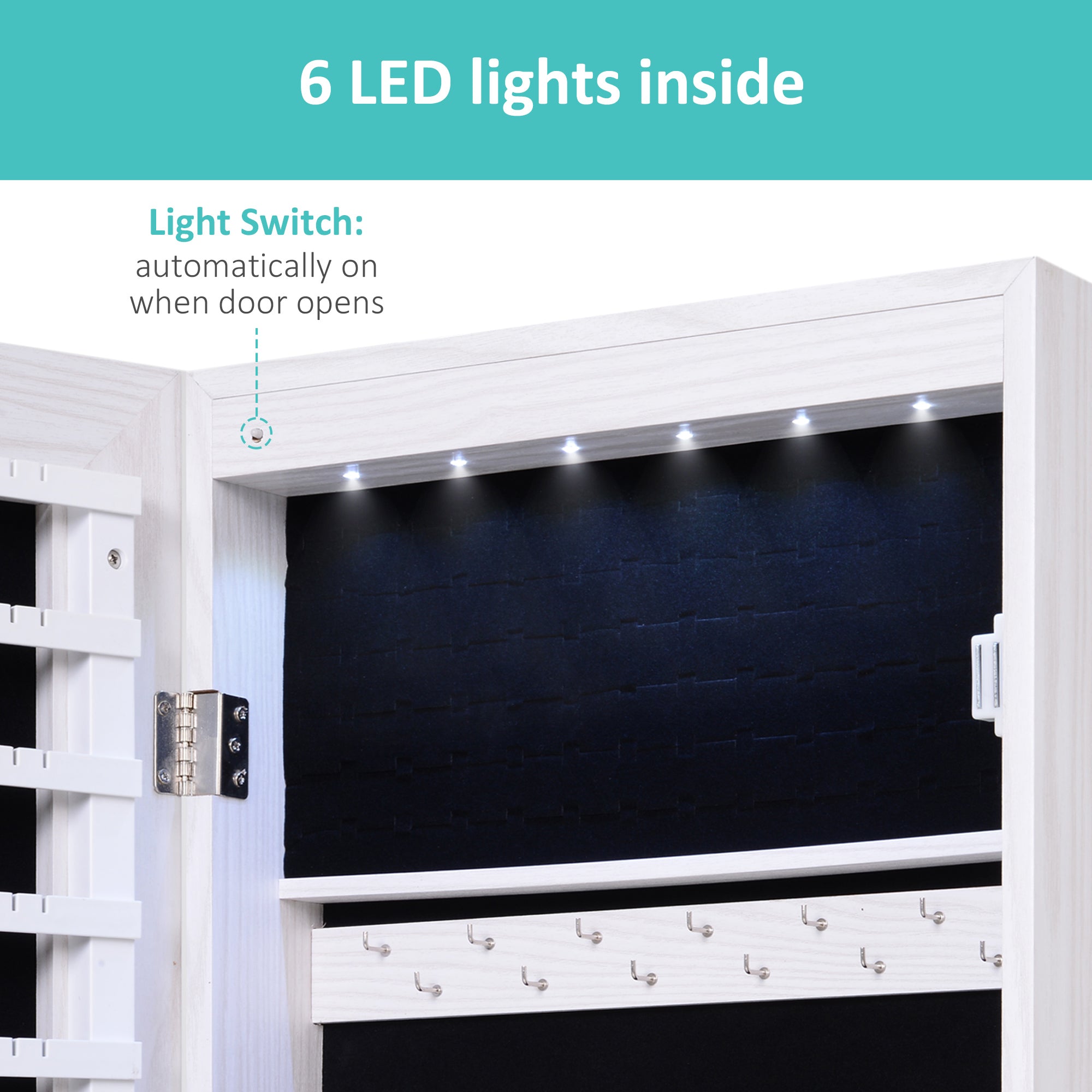 HOMCOM Jewelry Cabinet with Mirror and LED Lights, Lockable Makeup Cosmetics Jewellery Organiser, Mirror with Storage for Bedroom Dressing Room, White - North Peak Garden Furniture