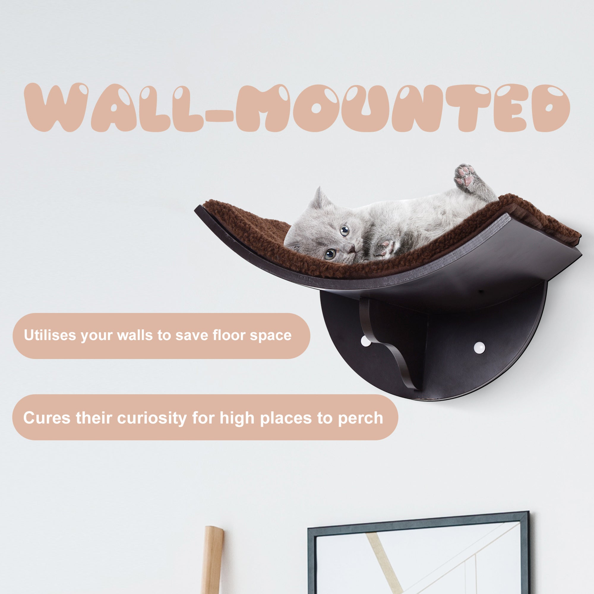 PawHut Cat Shelf Bed, Wall-Mounted, MDF with Soft Fleece Cushion, Space-Saving, Brown