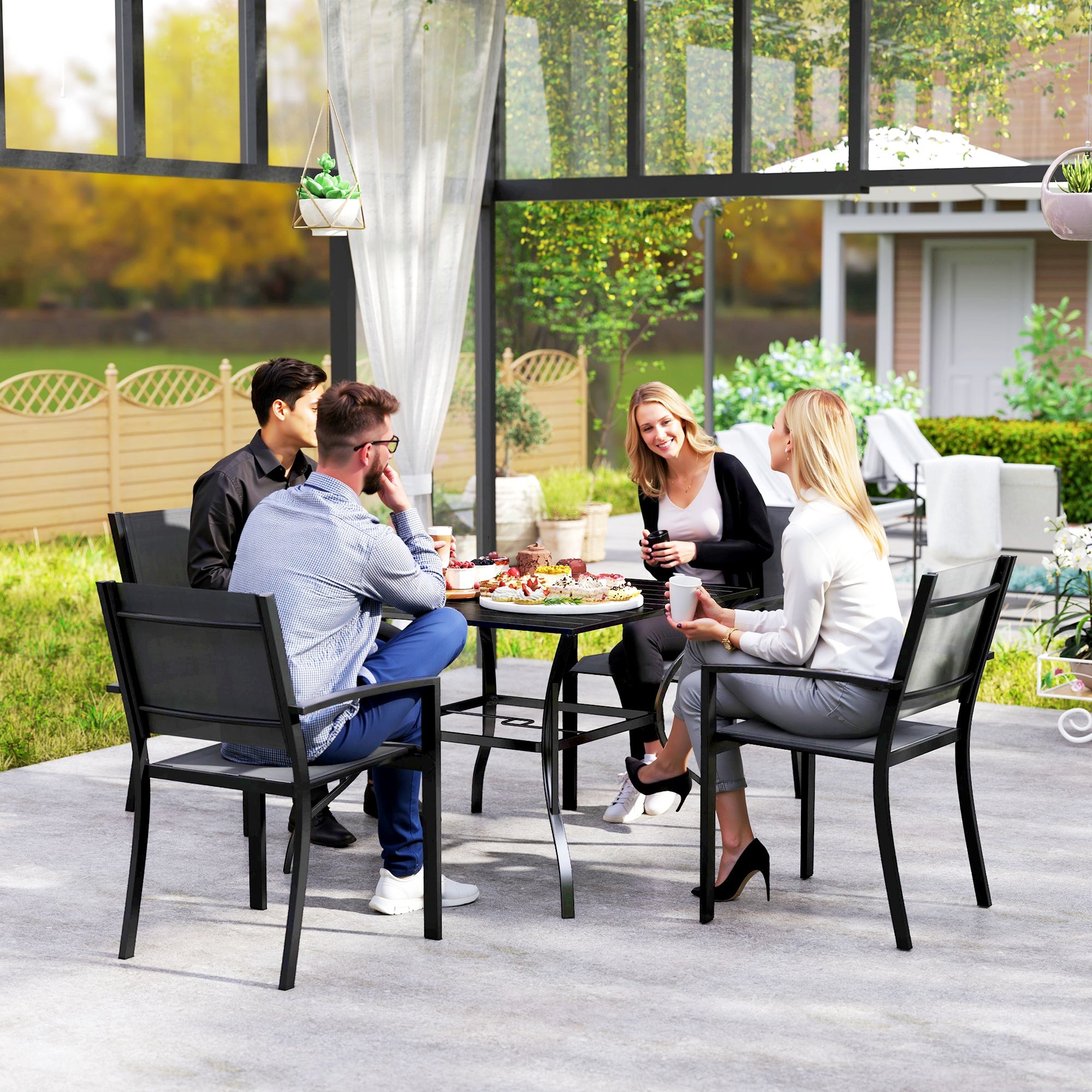 Outsunny 94 x 94 cm Garden Table with Parasol Hole, Outdoor Dining Garden Table for Four with Slatted Metal Plate Top, Black - North Peak Garden Furniture