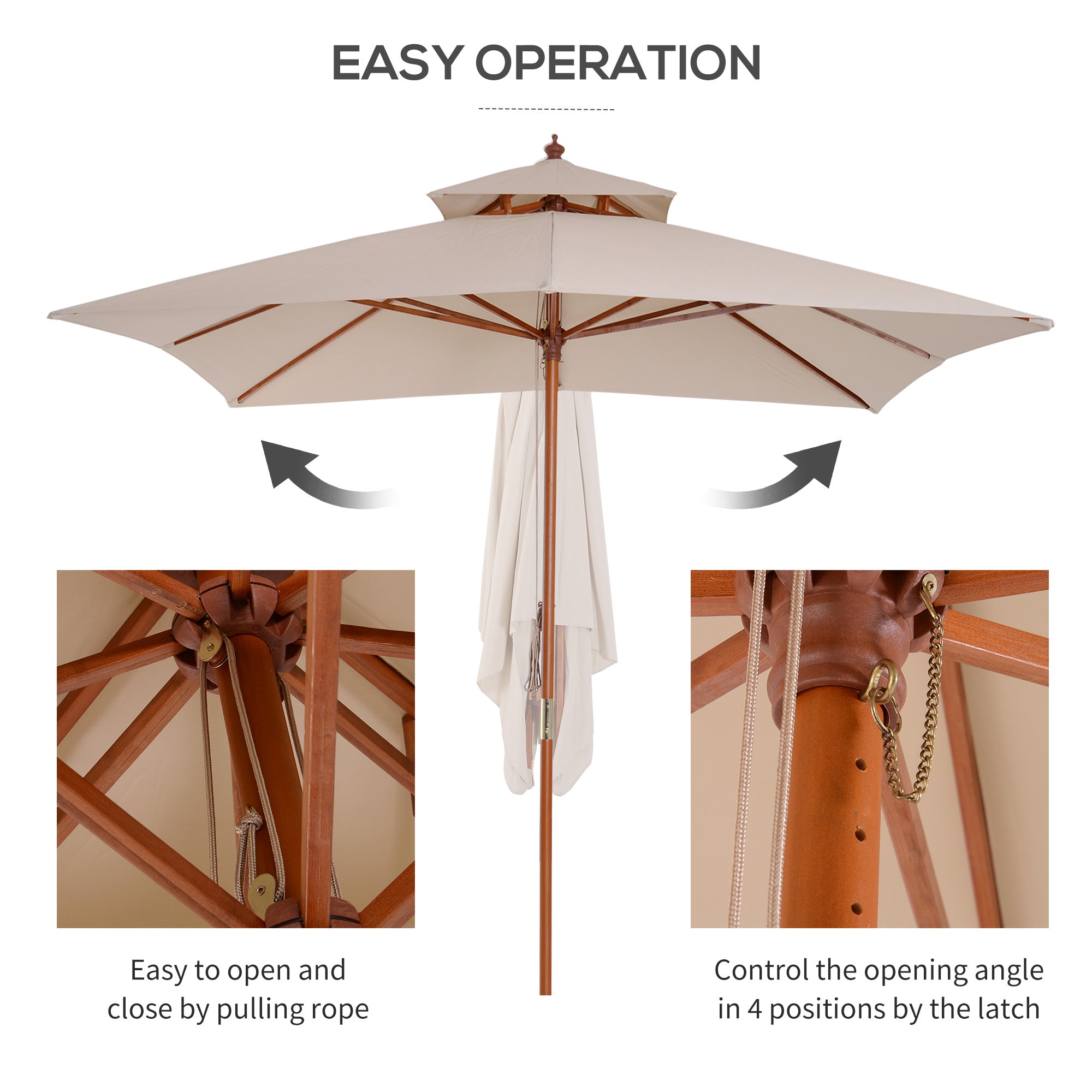 Outsunny 3 x 3 metre Patio Parasol Garden Umbrellas Sunshade Outdoor Wooden Parasol Canopy Double Tier, Beige, BASE NOT INCLUDED - North Peak Garden Furniture