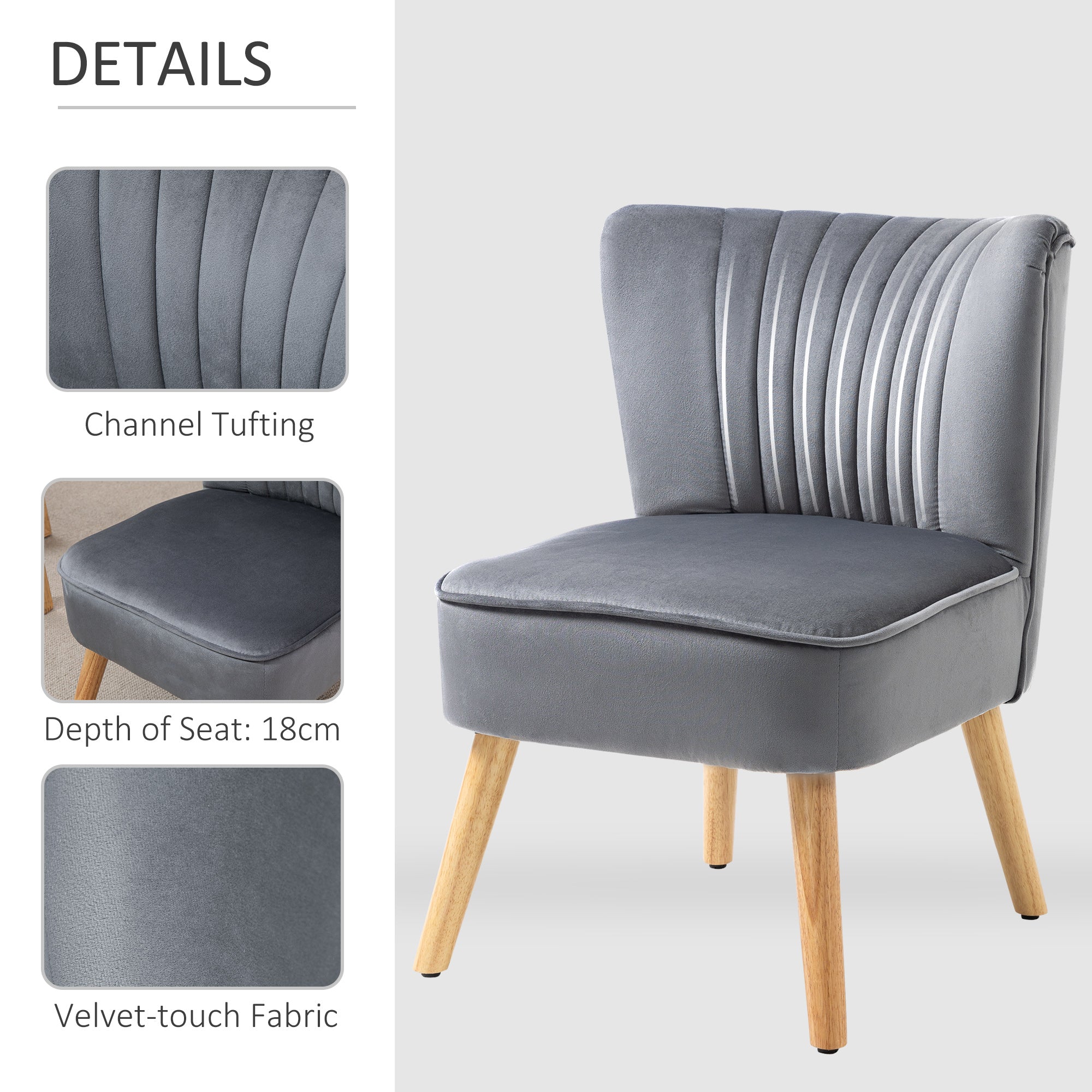 HOMCOM Velvet Accent Chair Occasional Tub Seat Padding Curved Back with Wood Frame Legs Home Furniture Set of 2 Grey - North Peak Garden Furniture