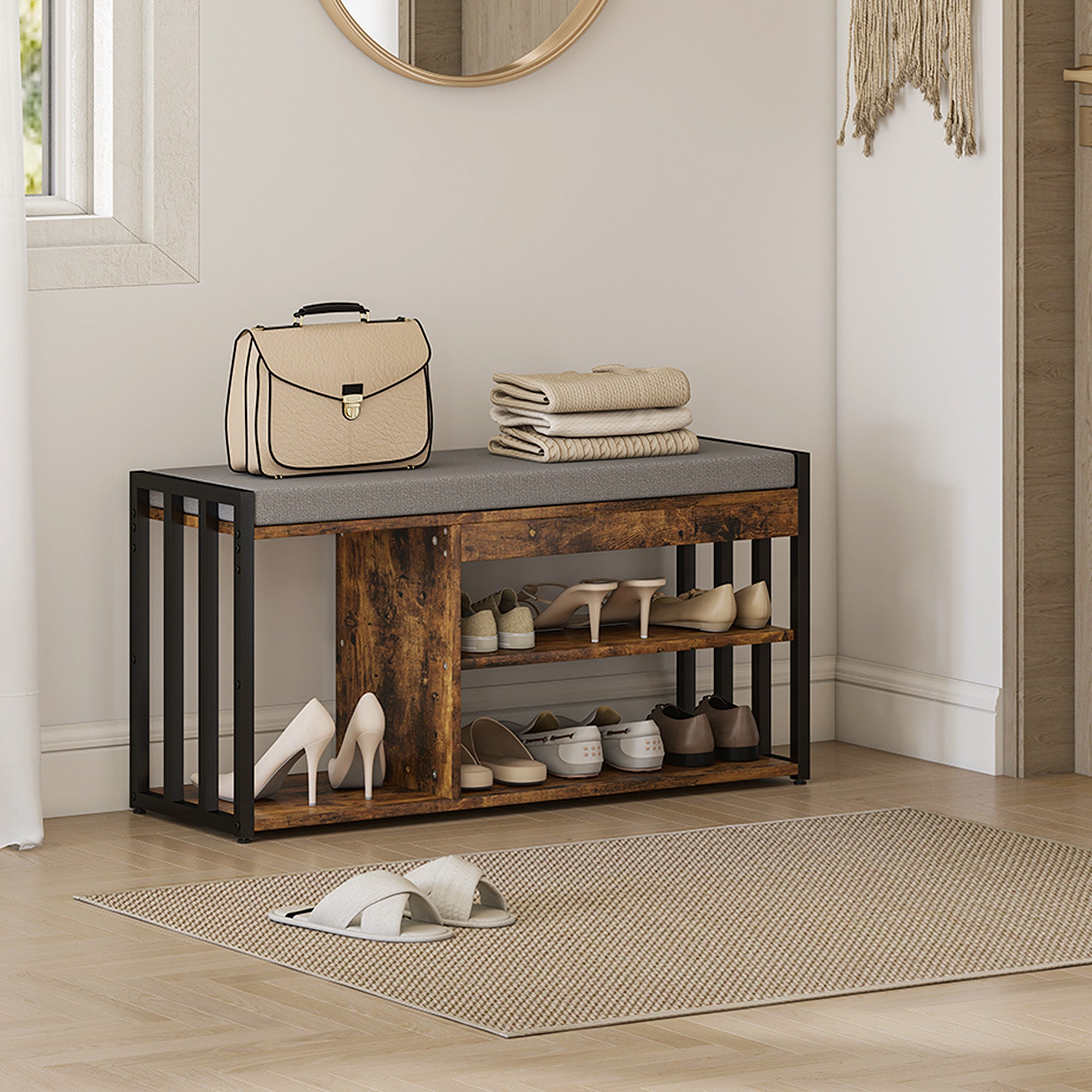 HOMCOM Shoe Storage with Seat, Upholstered Entryway Bench, Shoe Bench with 3 Open Shelves for Hallway, Rustic Brown