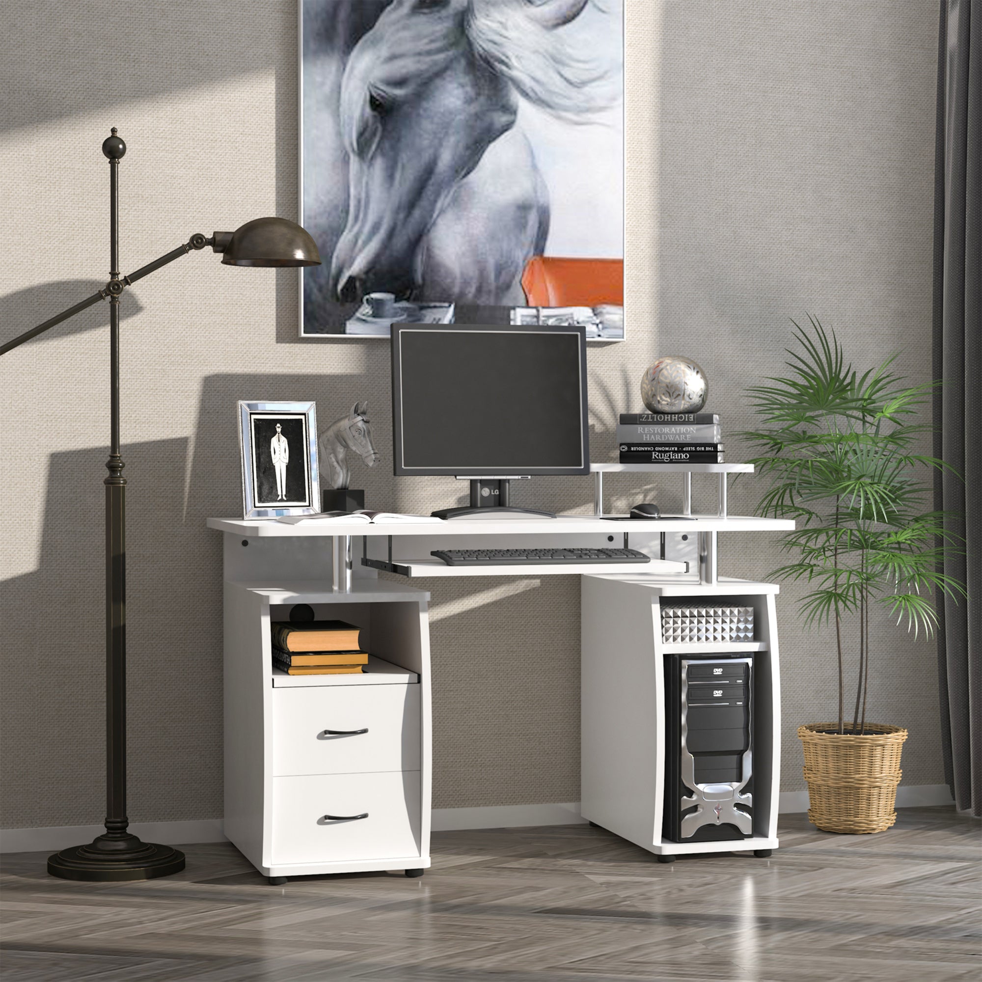HOMCOM Computer Desk Office PC Table Workstation with Keyboard Tray, CPU Shelf, Drawers, Sliding Scanner Shelf, White - North Peak Garden Furniture