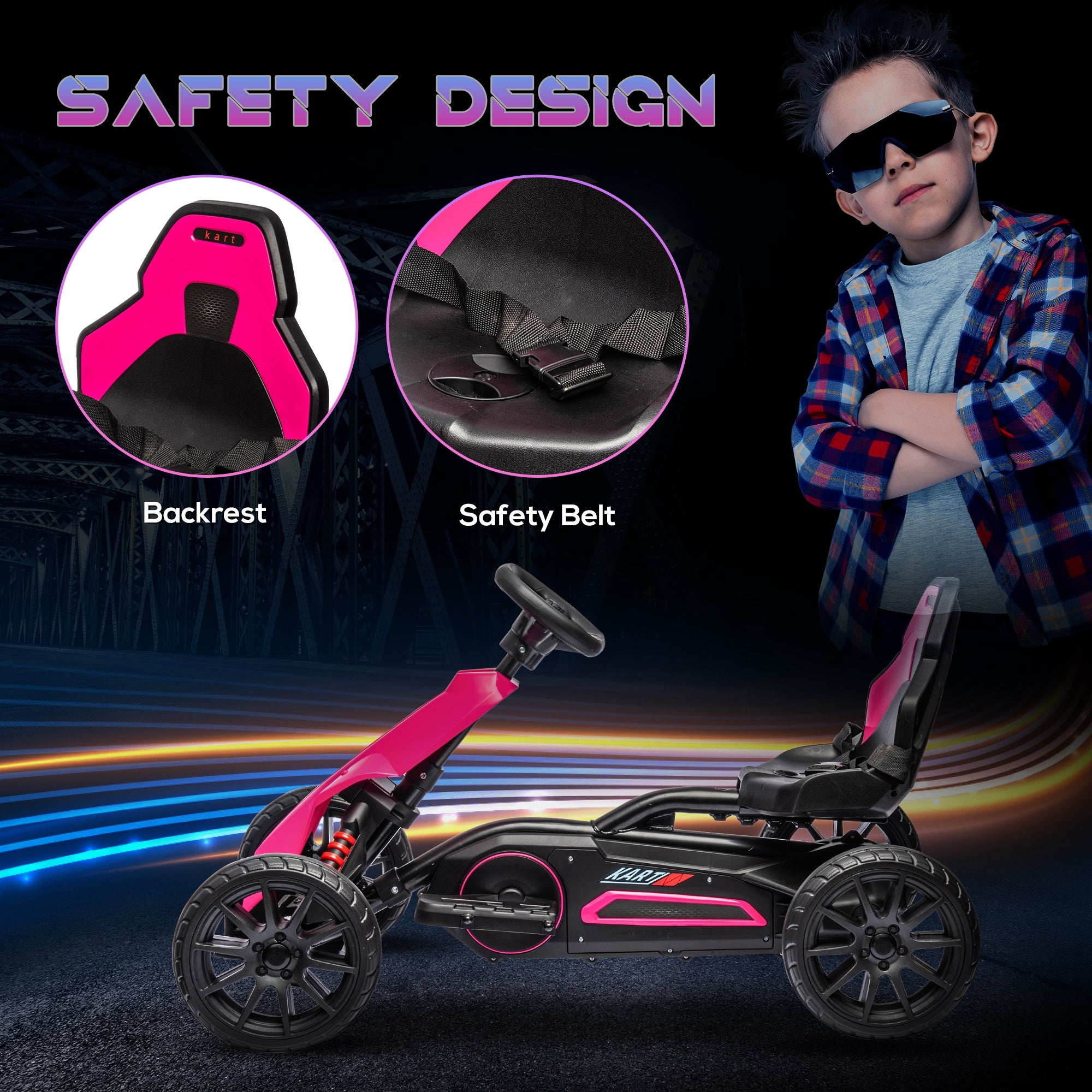 HOMCOM 12V Electric Go Kart for Kids, Ride-On Racing Go Kart with Forward Reversing, Rechargeable Battery, 2 Speeds, for Boys Girls Aged 3-8 Years Old - Pink