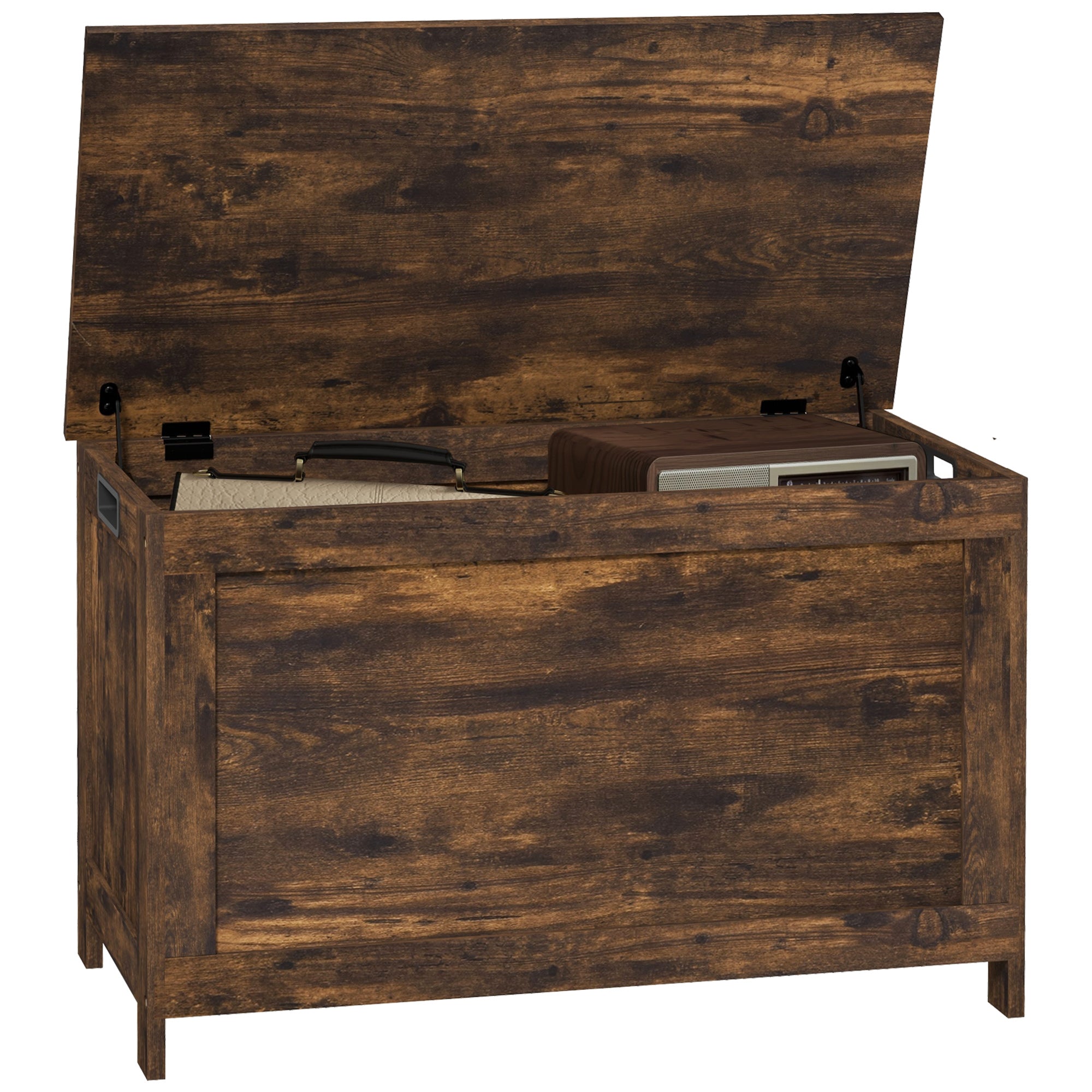 HOMCOM Storage Chest, Modern Storage Trunk with 2 Safety Hinges and Cut-out Handles, Wooden Toy Box for Living Room, Entryway, 76 x 40 x 48 cm, Rustic Brown - North Peak Garden Furniture