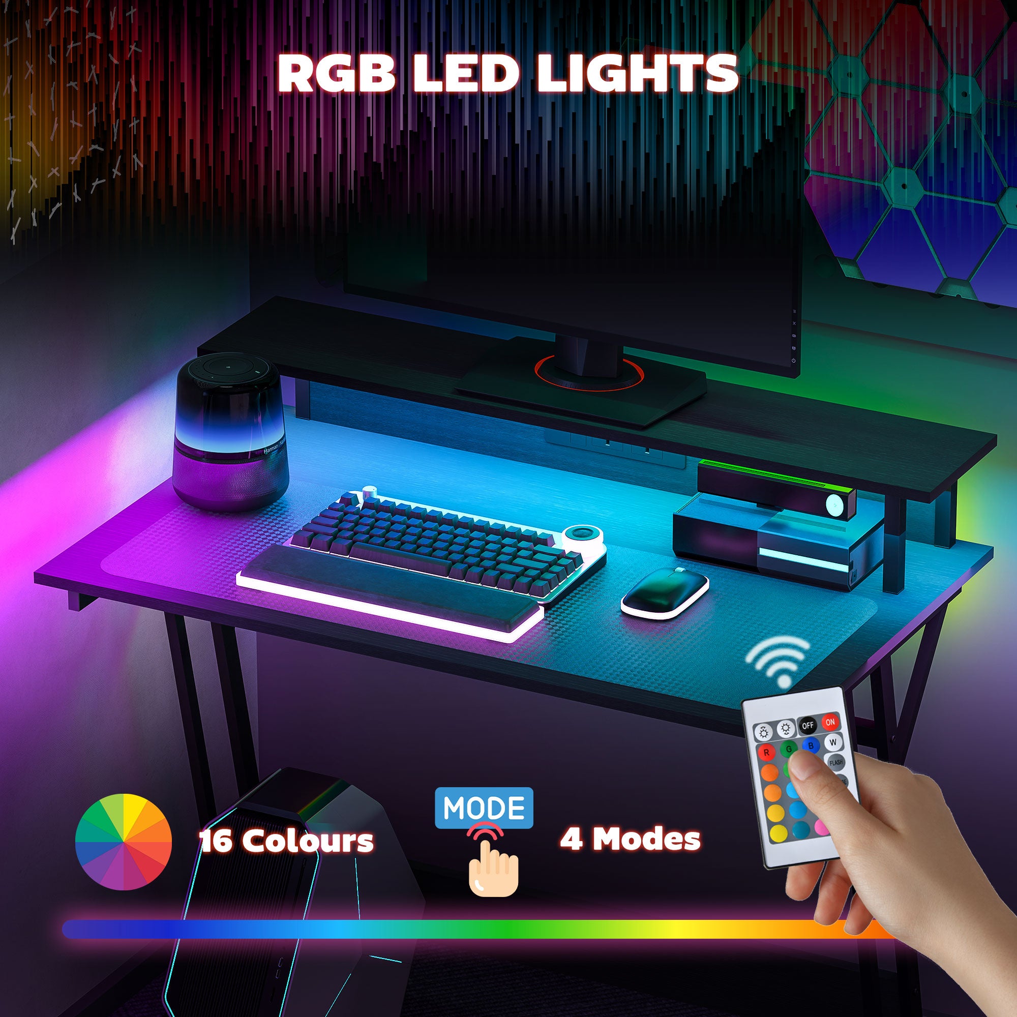 HOMCOM Gaming Desk with LED Lights and Power Outlets, 100 x 60cm Z Shaped Computer Desk with Monitor Stand and Steel Frame, PC Gaming Table for Home Office, Black - North Peak Garden Furniture