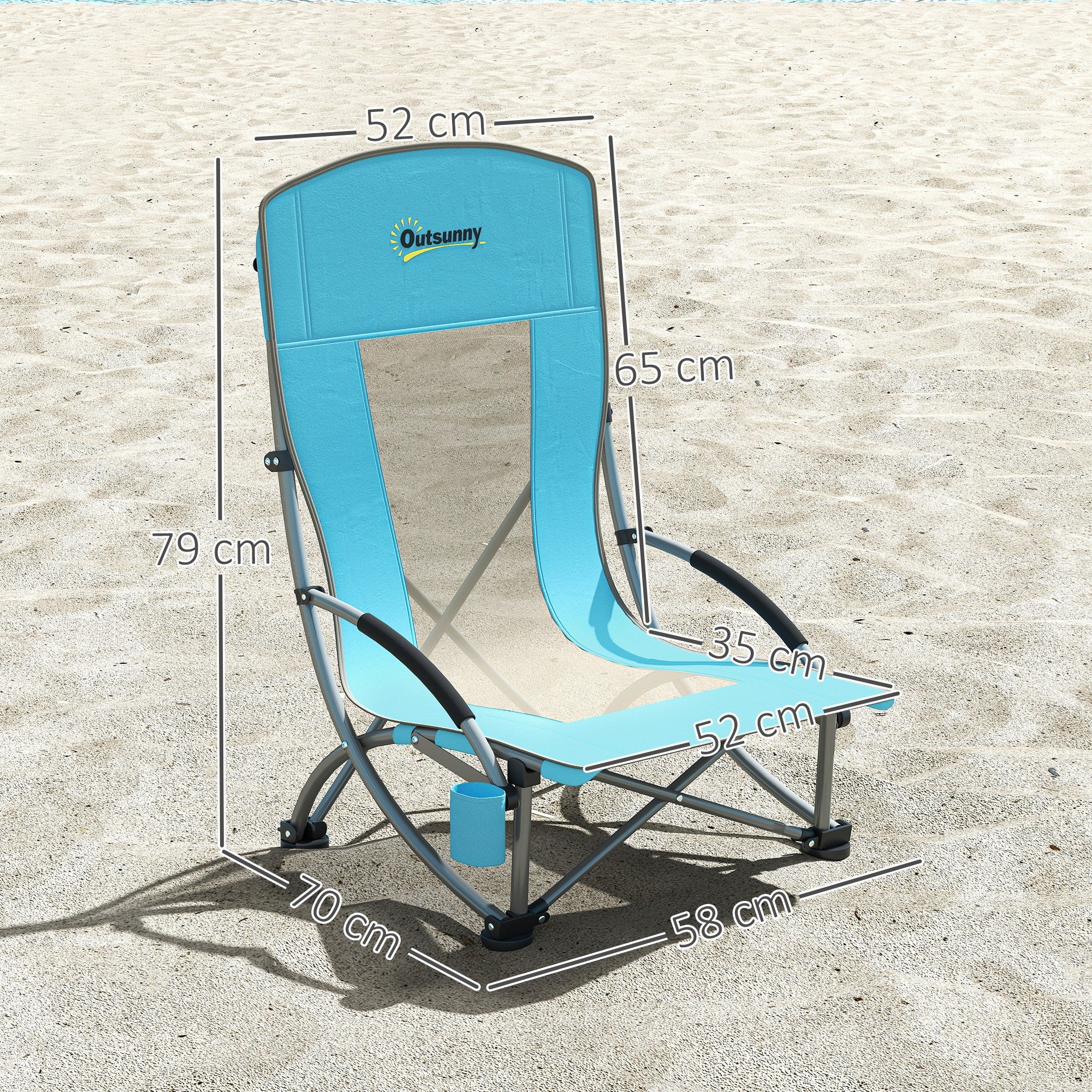 Outsunny Set of 2 Folding Beach Chair, Low Camping Chair with Mesh Back, Carry Bag and Cup Holder for Garden Outdoor Picnic Festival Travel, Blue - North Peak Garden Furniture