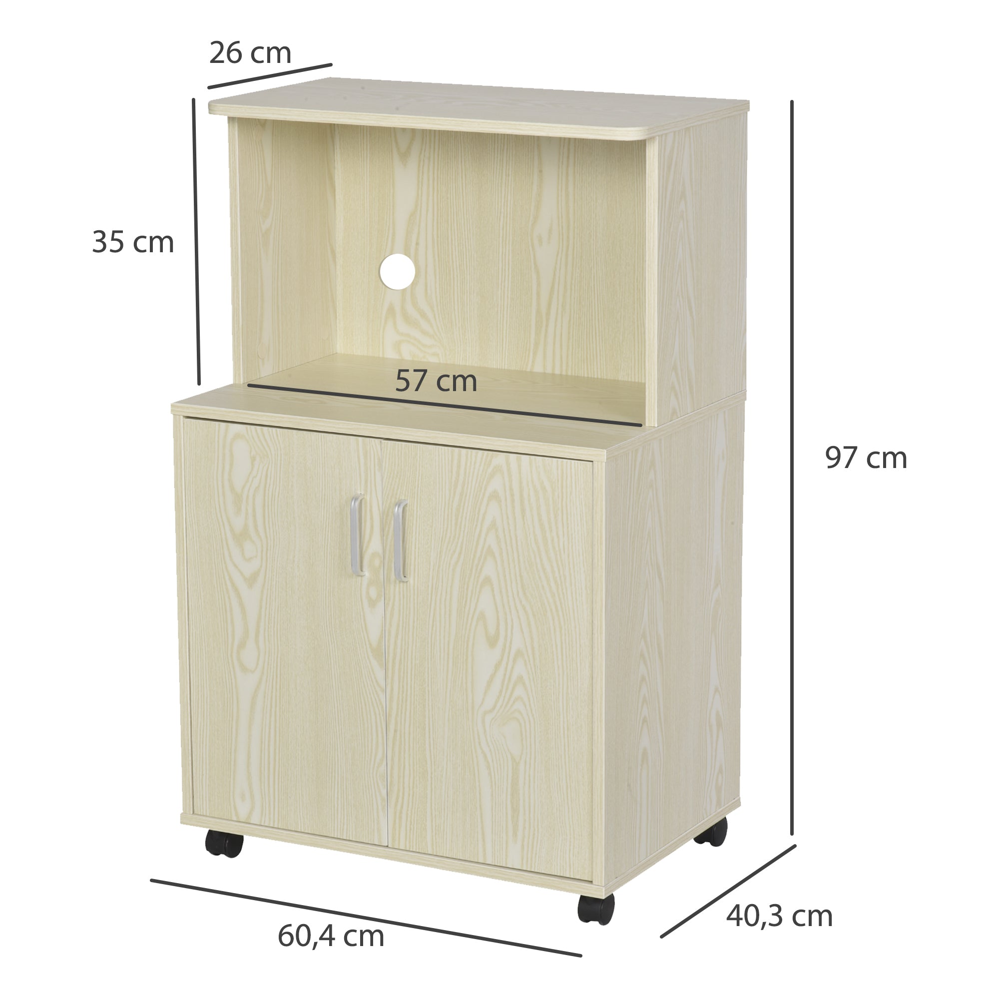 HOMCOM Kitchen Storage Unit, Modern Microwave Stand Trolley Cart, Sideboard with Cabinet,  Locking Wheels, Shelf for Living Room, Dining Room, Oak Tone