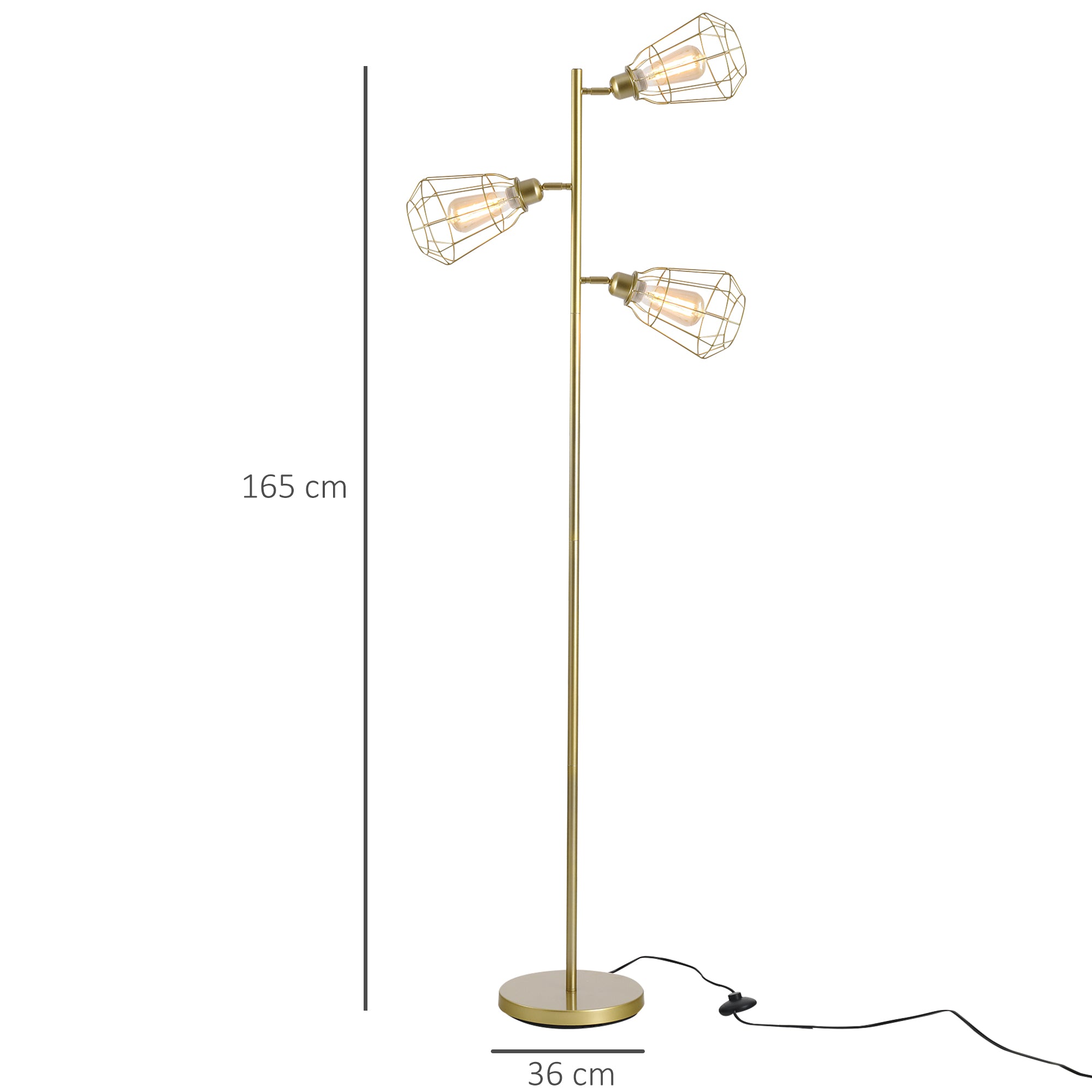 HOMCOM Retro Practical Tree Floor Lamp 3 Angle Adjustable Lampshade Steel Base for Living Room Bedroom Office Gold 165cm