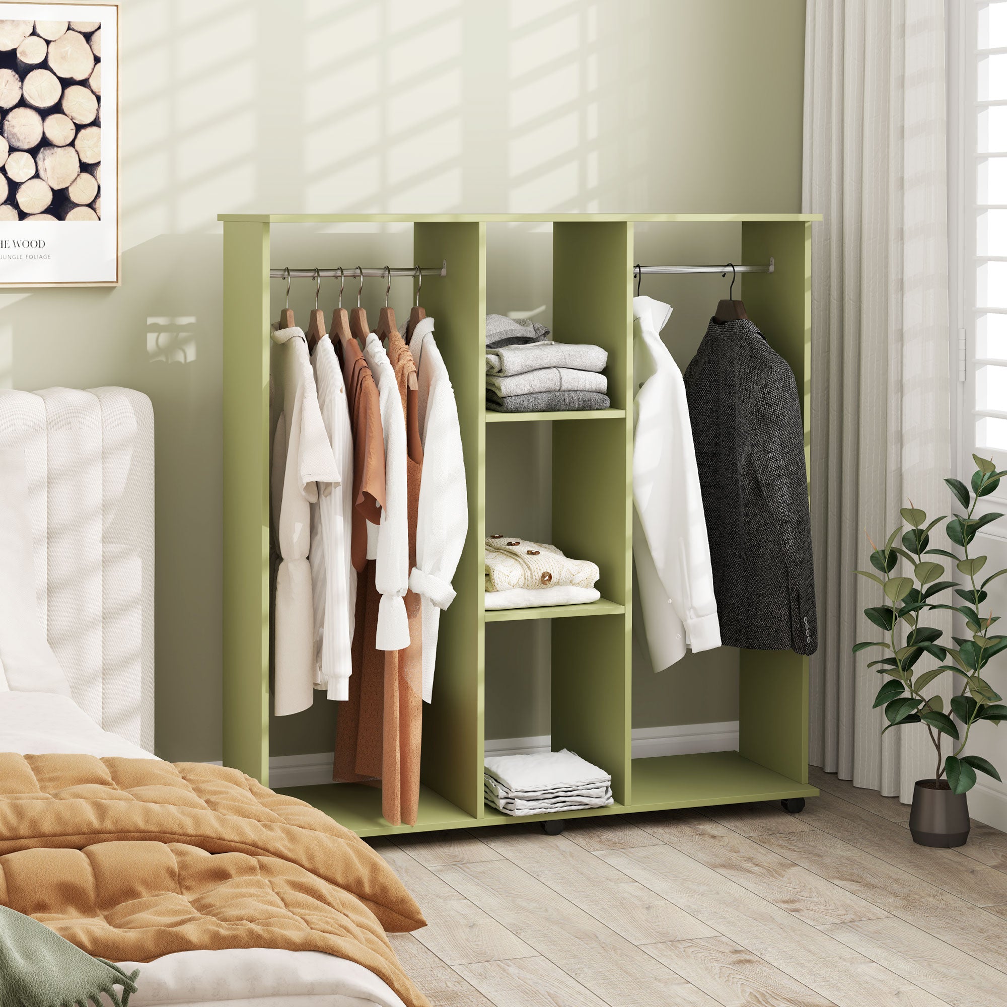 HOMCOM Open Wardrobe Double Mobile Storage Shelves Organizer W/6 Wheels-Green - North Peak Garden Furniture