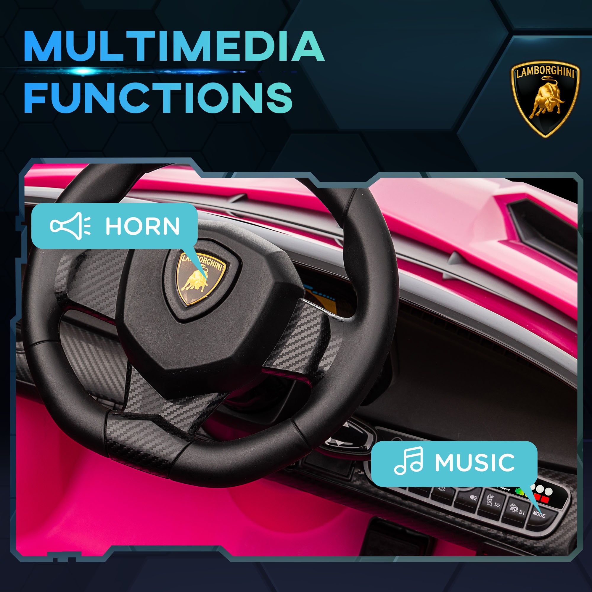HOMCOM Lamborghini Veneno Licensed Electric Ride-On Car, with Remote, Music, Horn - Pink - North Peak Garden Furniture