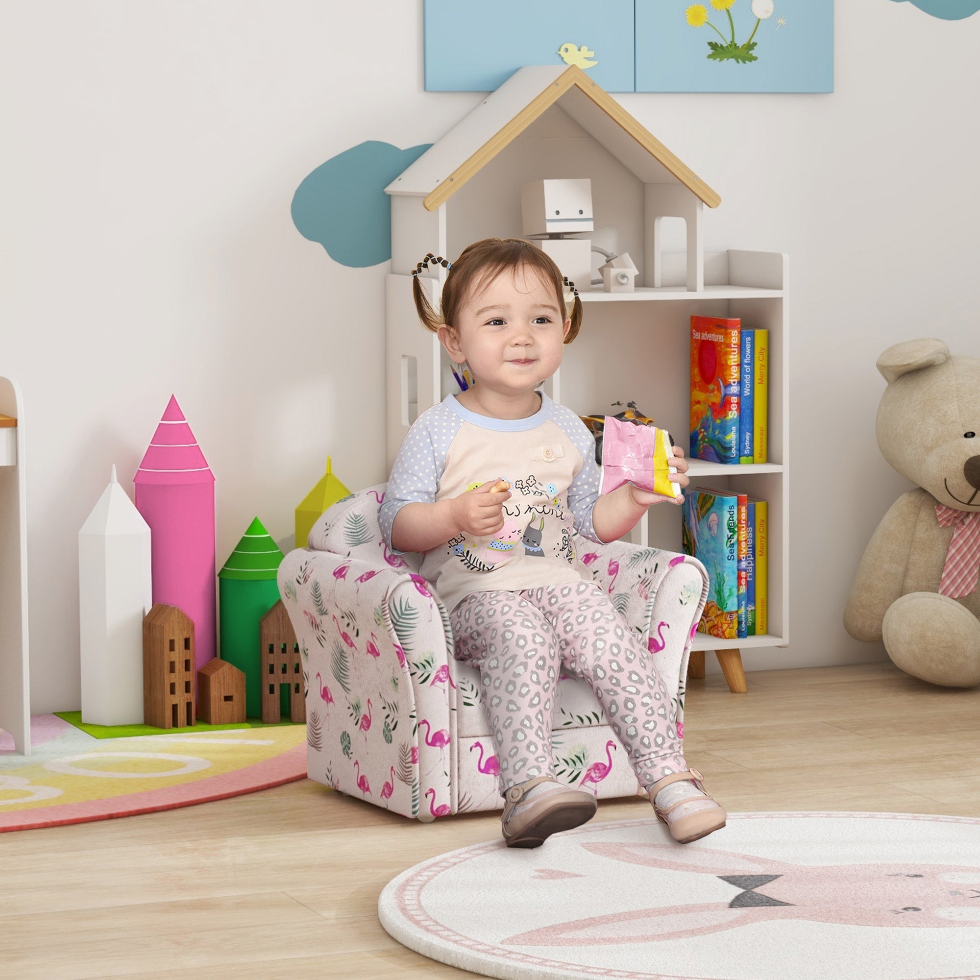 AIYAPLAY Kids Armchair with Flamingo Design, Wooden Frame, for Bedroom, Playroom, Kids Room, Pink - North Peak Garden Furniture