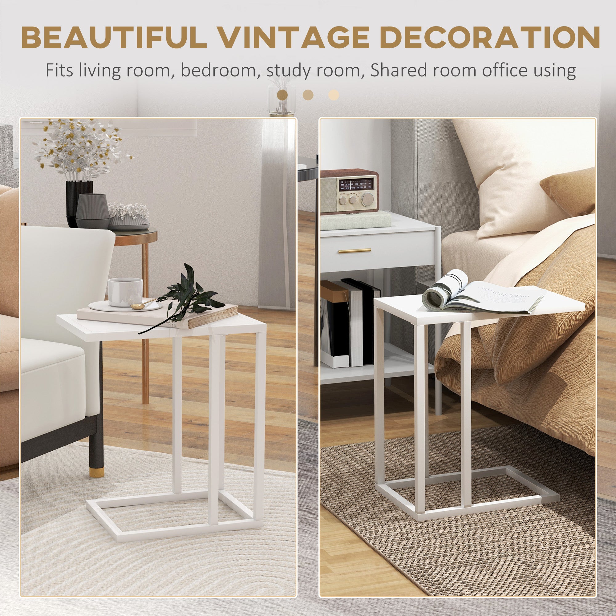 HOMCOM C Shape Bedside Table w/Metal Frame Wood-Effect Top Sofa Narrow Snack End Table for Living Room, White - North Peak Garden Furniture