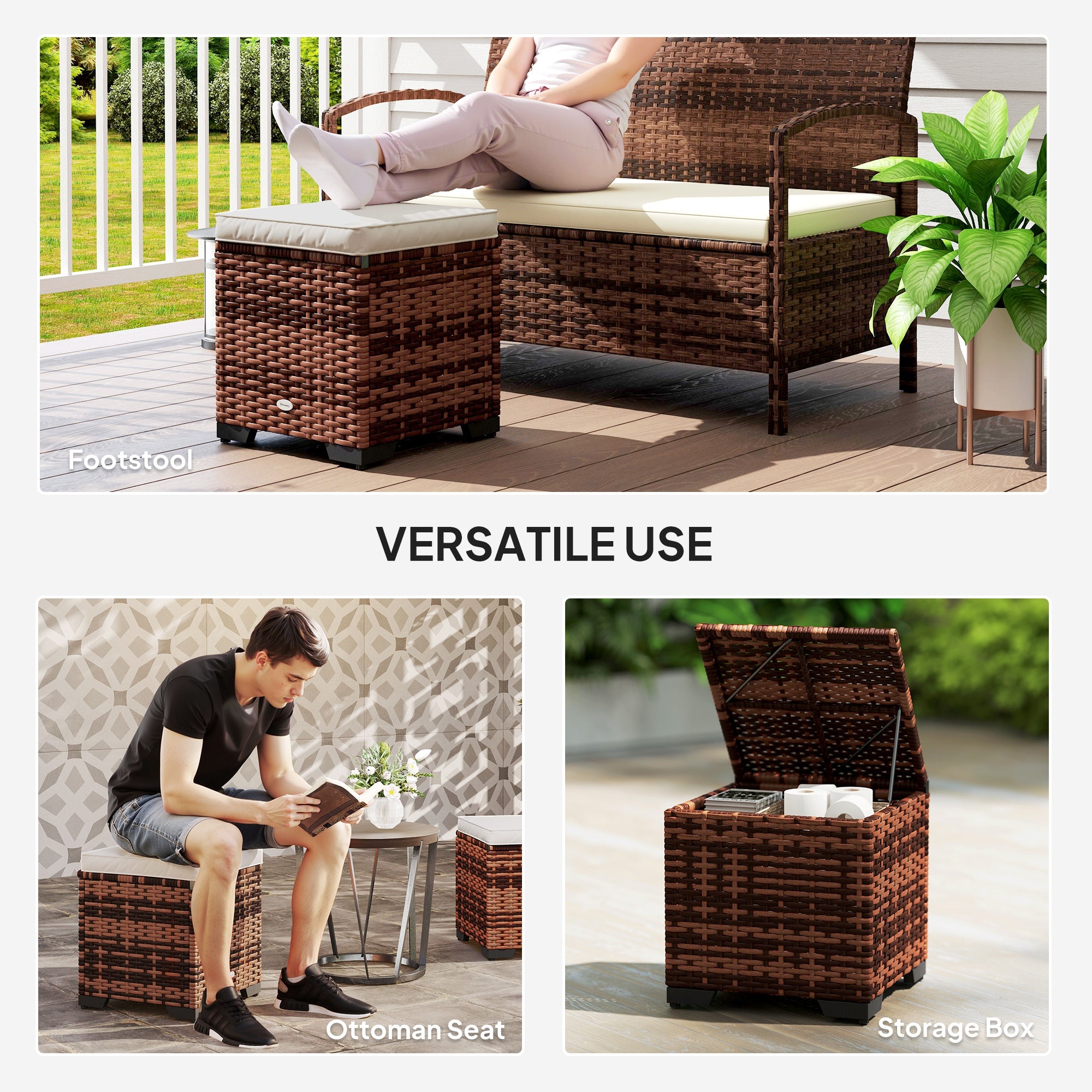 Outsunny Set of 2 Rattan Storage Ottoman, Outdoor Footstool with Removable Cushions, Garden Storage Seat for Balcony, Poolside, Living Room, Beige - North Peak Garden Furniture