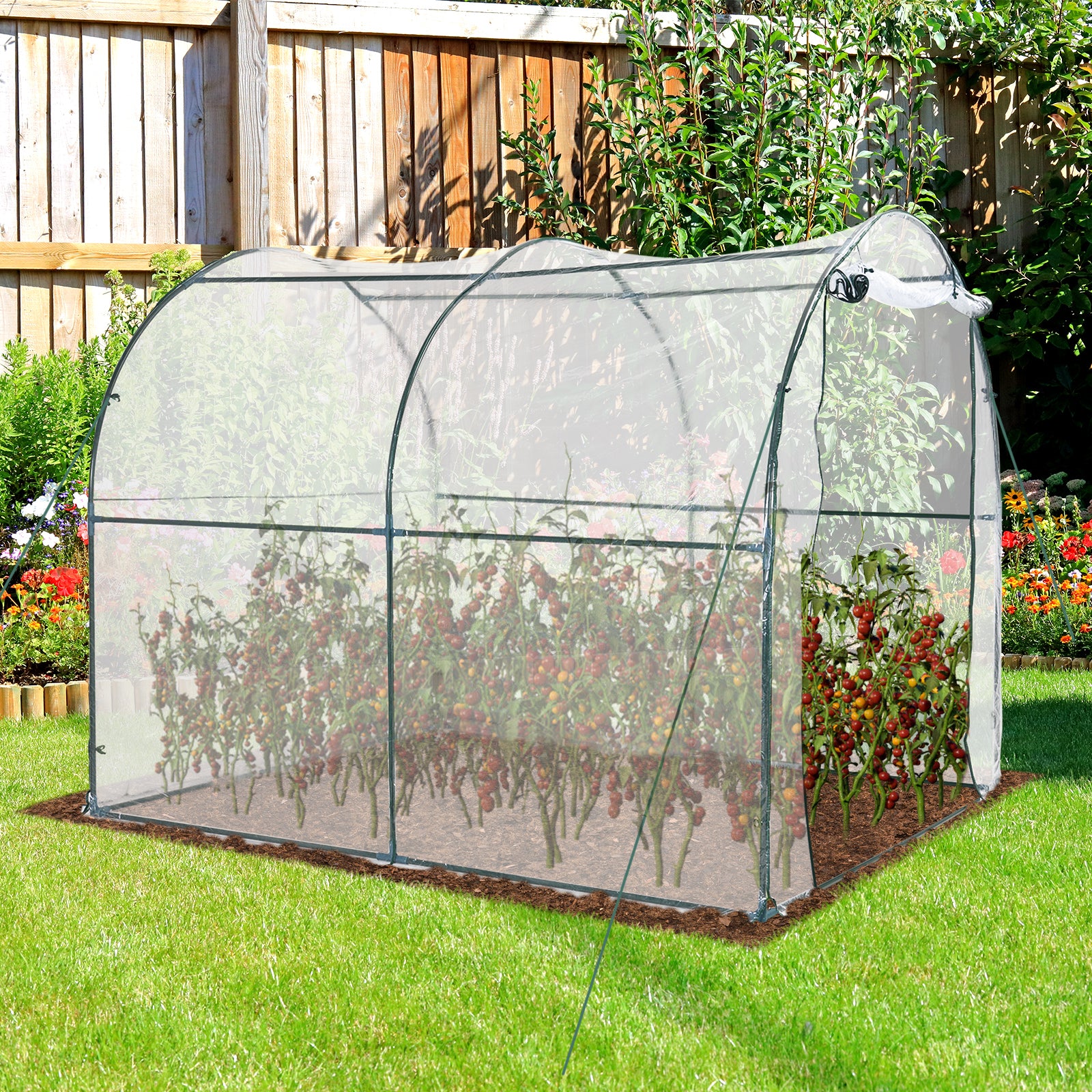 Outsunny Walk-in Polytunnel Greenhouse with Roll-up Door Transparent Tunnel Greenhouse with Steel Frame and PVC Cover, 2.5 x 2m