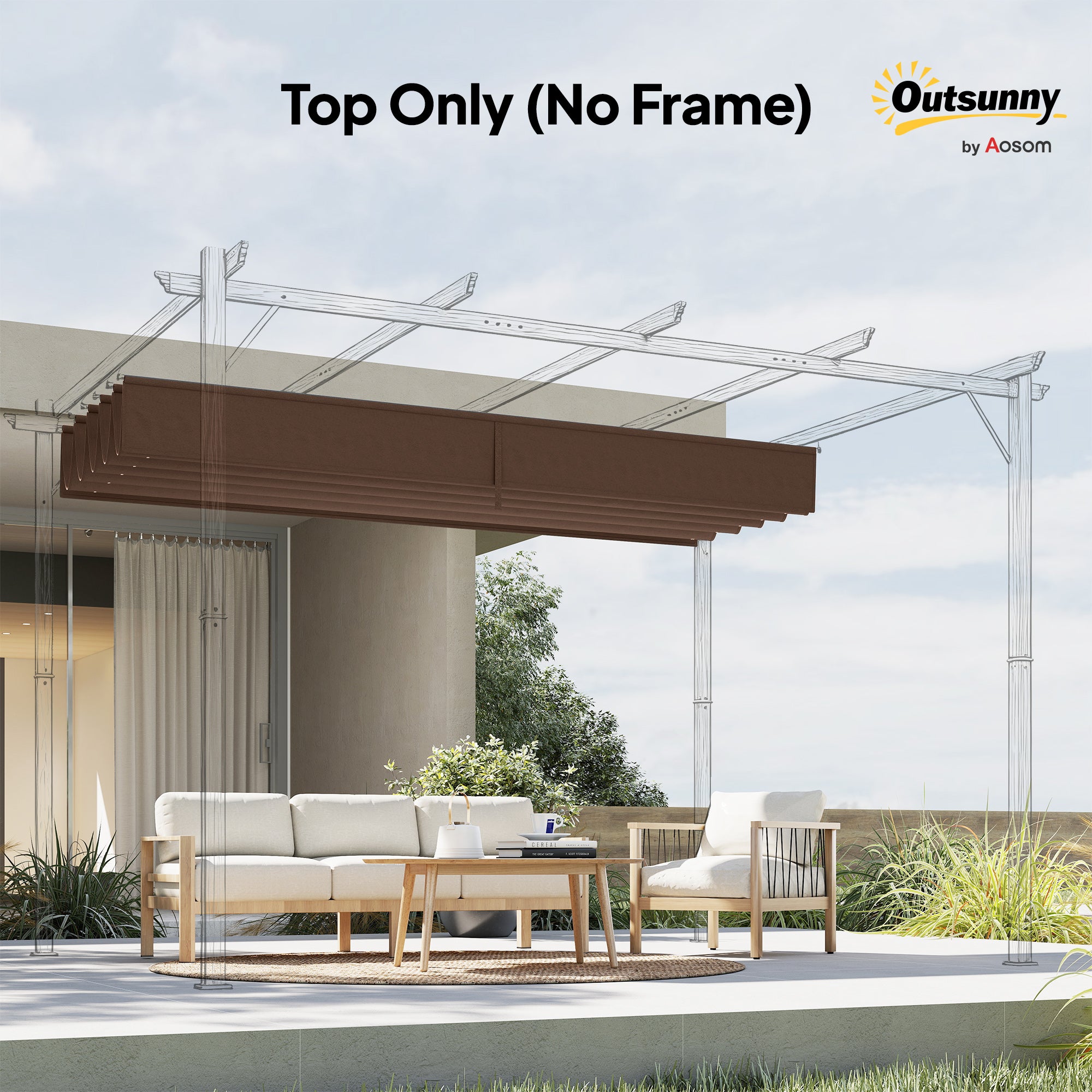 Outsunny Retractable Pergola Cover, 3.5 x 2.6 m Replacement Canopy Fabric for 4 x 3 m Frame, Roof Top Only, Brown