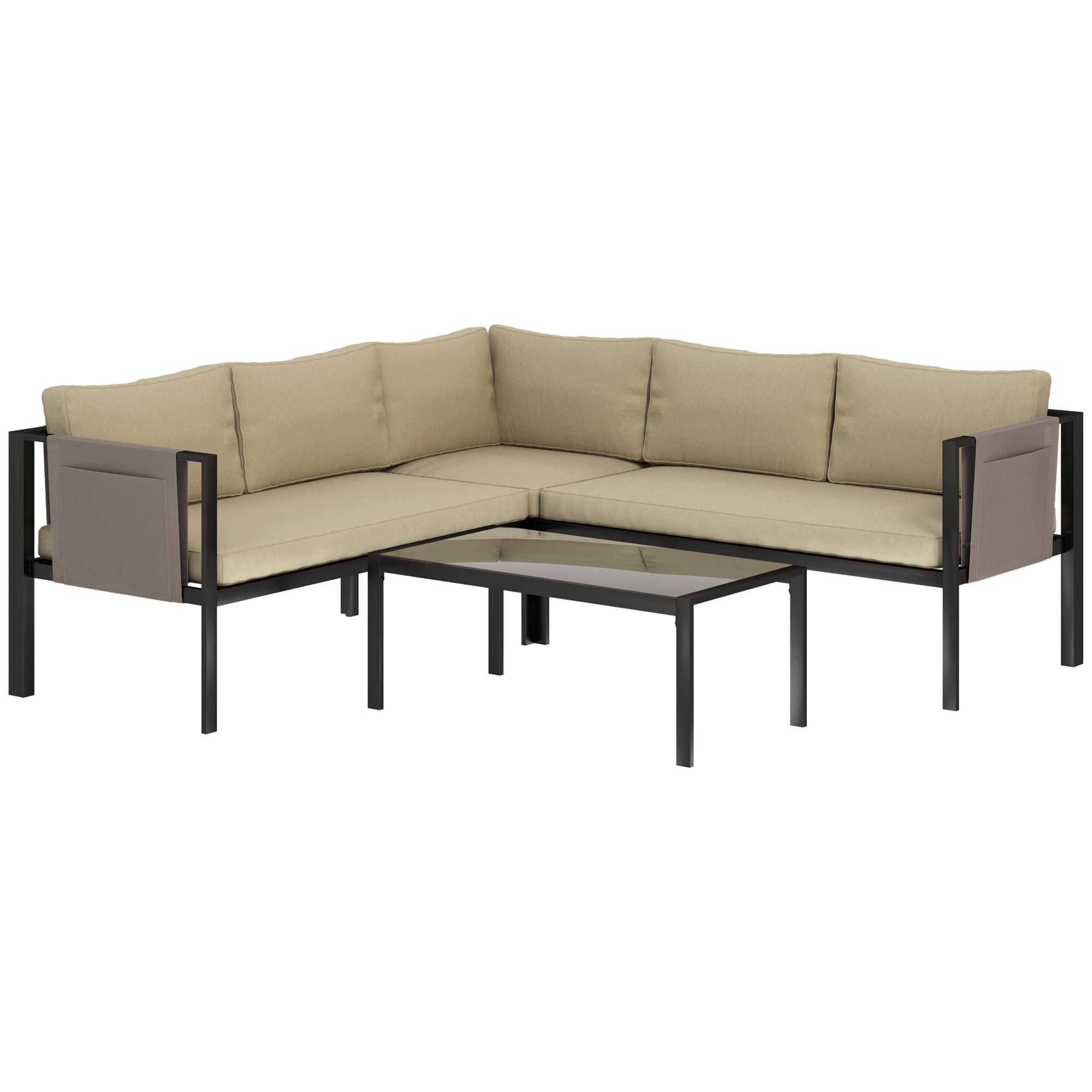 Outsunny 5 Seater Garden Corner Sofa Set, 4 Pieces Metal Garden Furniture Set with Loveseats, Glass Top Coffee Table, Breathable Mesh Pocket, Outdoor Conversation Furniture with Cushions, Khaki - North Peak Garden Furniture