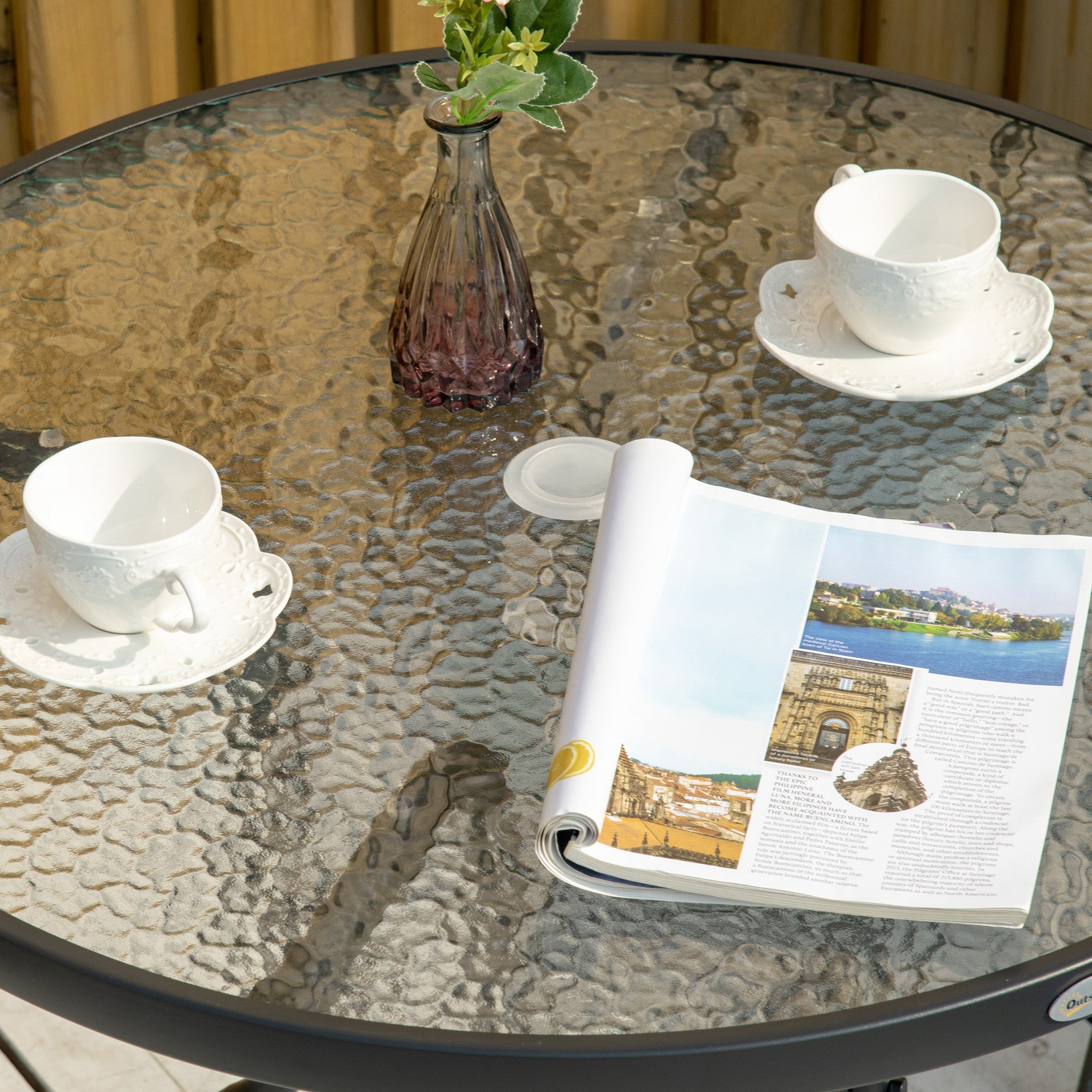 Outsunny Outdoor φ80cm Round Dining Table Tempered Glass Top Steel Frame Bistro Coffee End Side Table Garden w/ Parasol Hole - North Peak Garden Furniture
