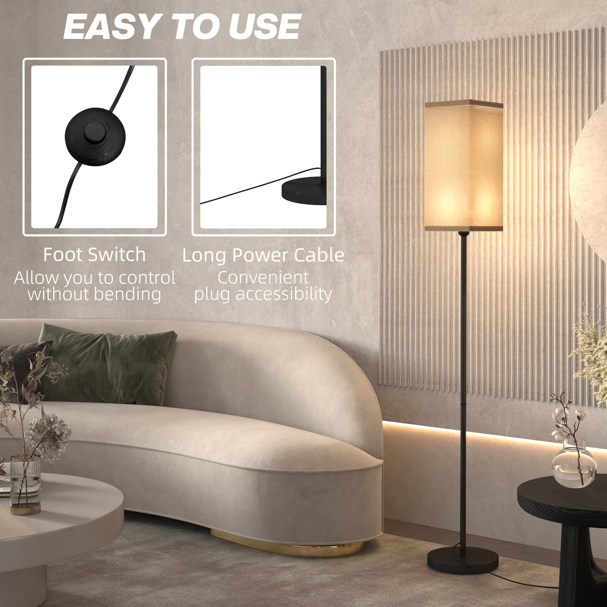 HOMCOM Floor Lamp, Modern Standing Lamp with Linen Shade, Tall Lamps for Living Room, Bedroom, with Foot Switch, Bulb not Included, Black - North Peak Garden Furniture
