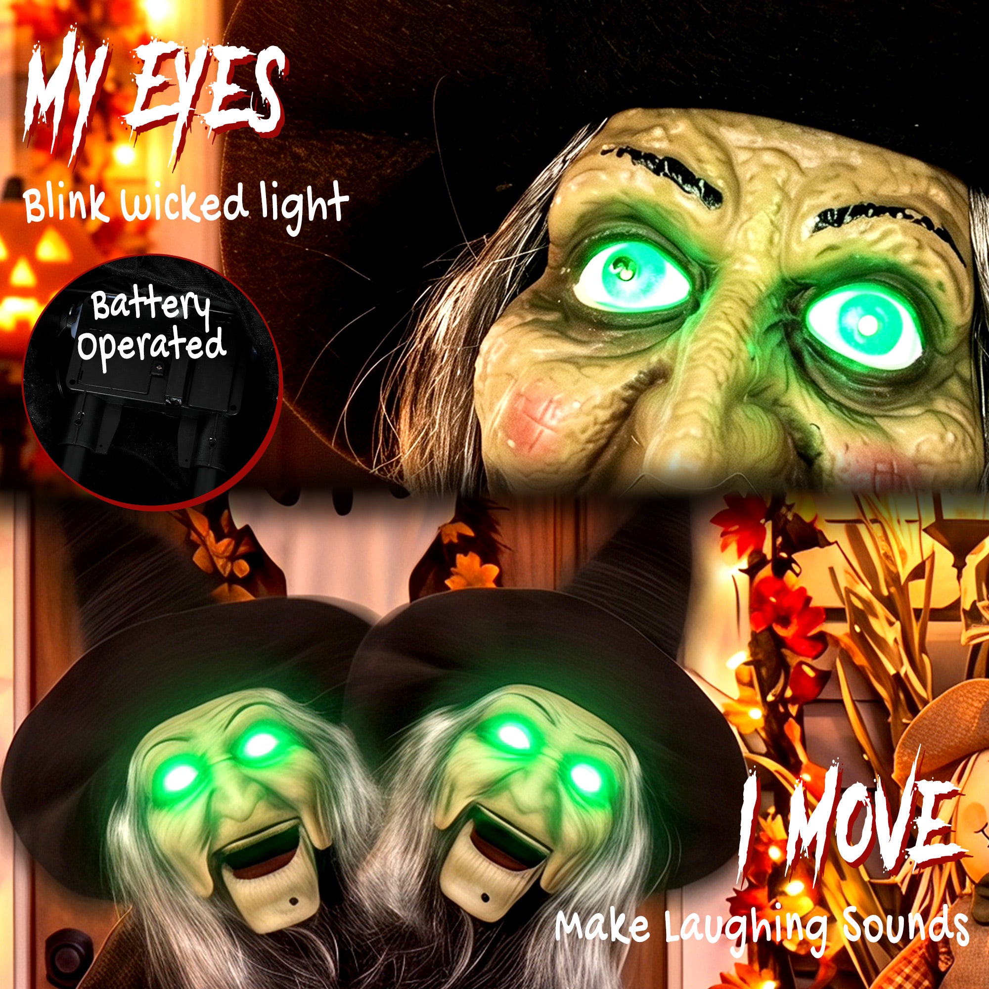 HOMCOM 94cm Animated Witch Halloween Decoration, Scary Halloween Animatronics Decor with Sound Touch Activated & Light Up Eyes