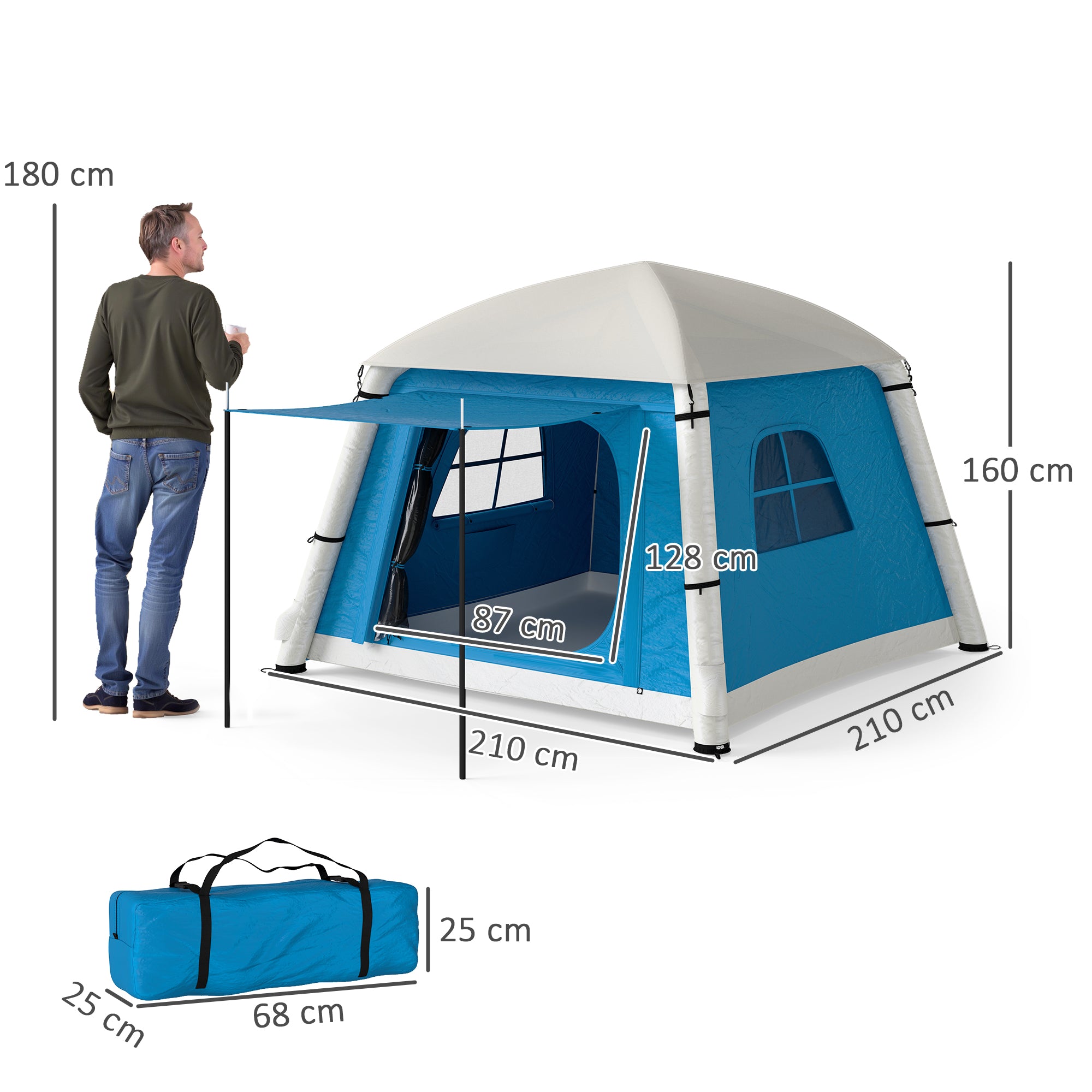Outsunny Inflatable Camping Tent w/ Hand Pump, Easy Setup 1/2 Person Blow Up Tent Waterproof 190T Taffeta w/ Mesh Windows, Doors and Carry Bag, Light Blue - North Peak Garden Furniture