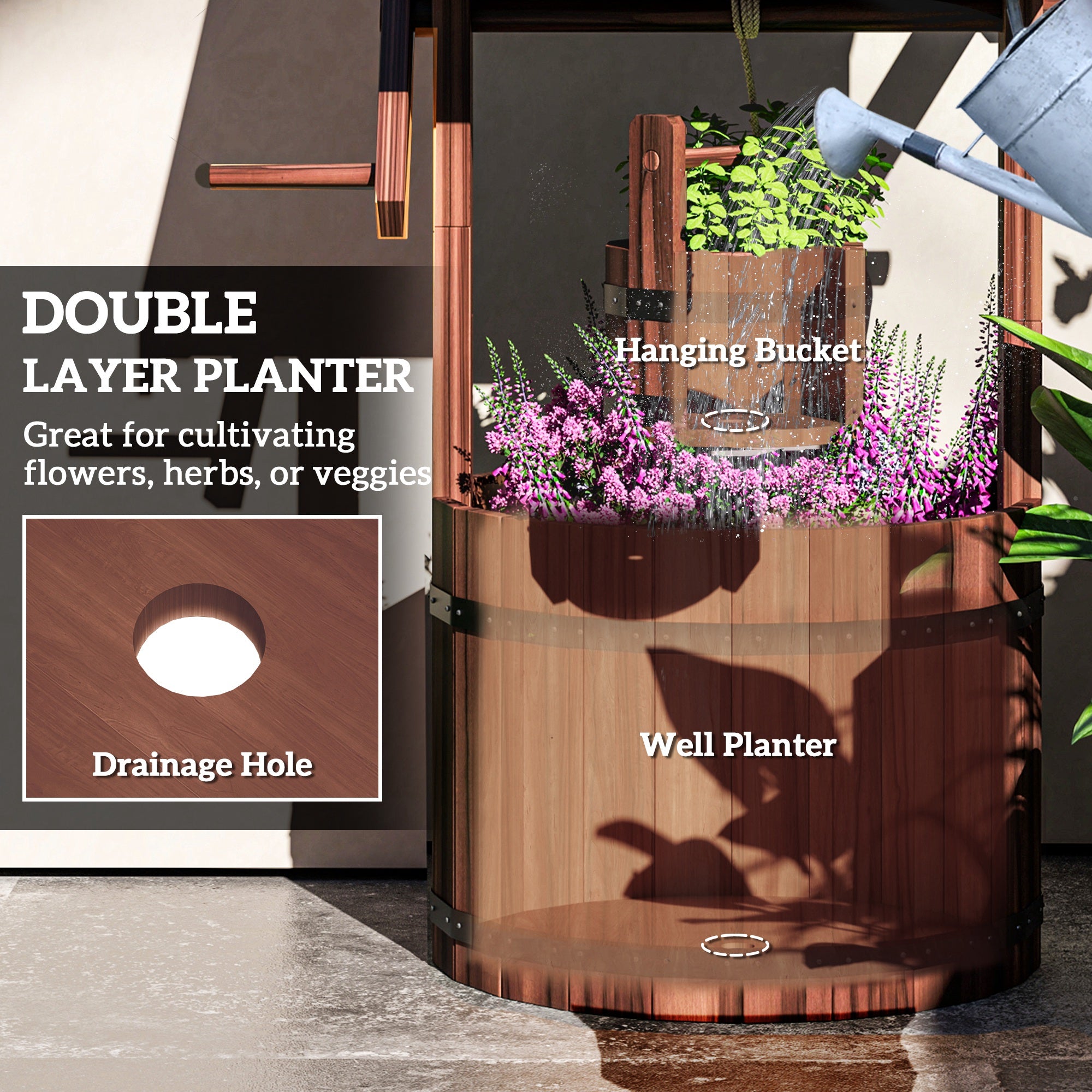 Outsunny Wood Wishing Well for Outside with Hanging Bucket, Wishing Well Planter with Drain Hole for Garden Patio, Carbonized