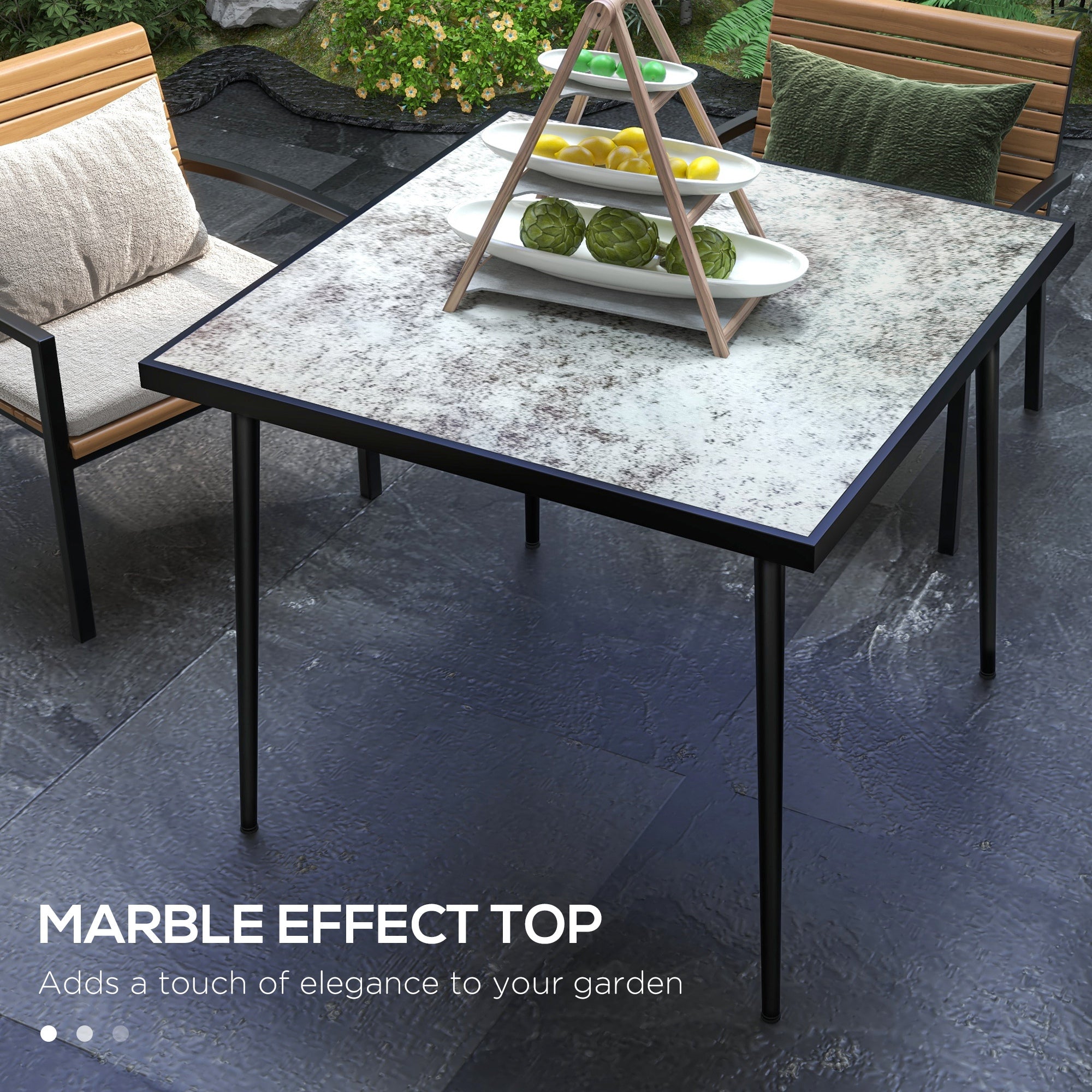 Outsunny Square Garden Table, Outdoor Dining Table for 4 with Marble Effect Tempered Glass Top and Steel Frame for Patio, Grey - North Peak Garden Furniture