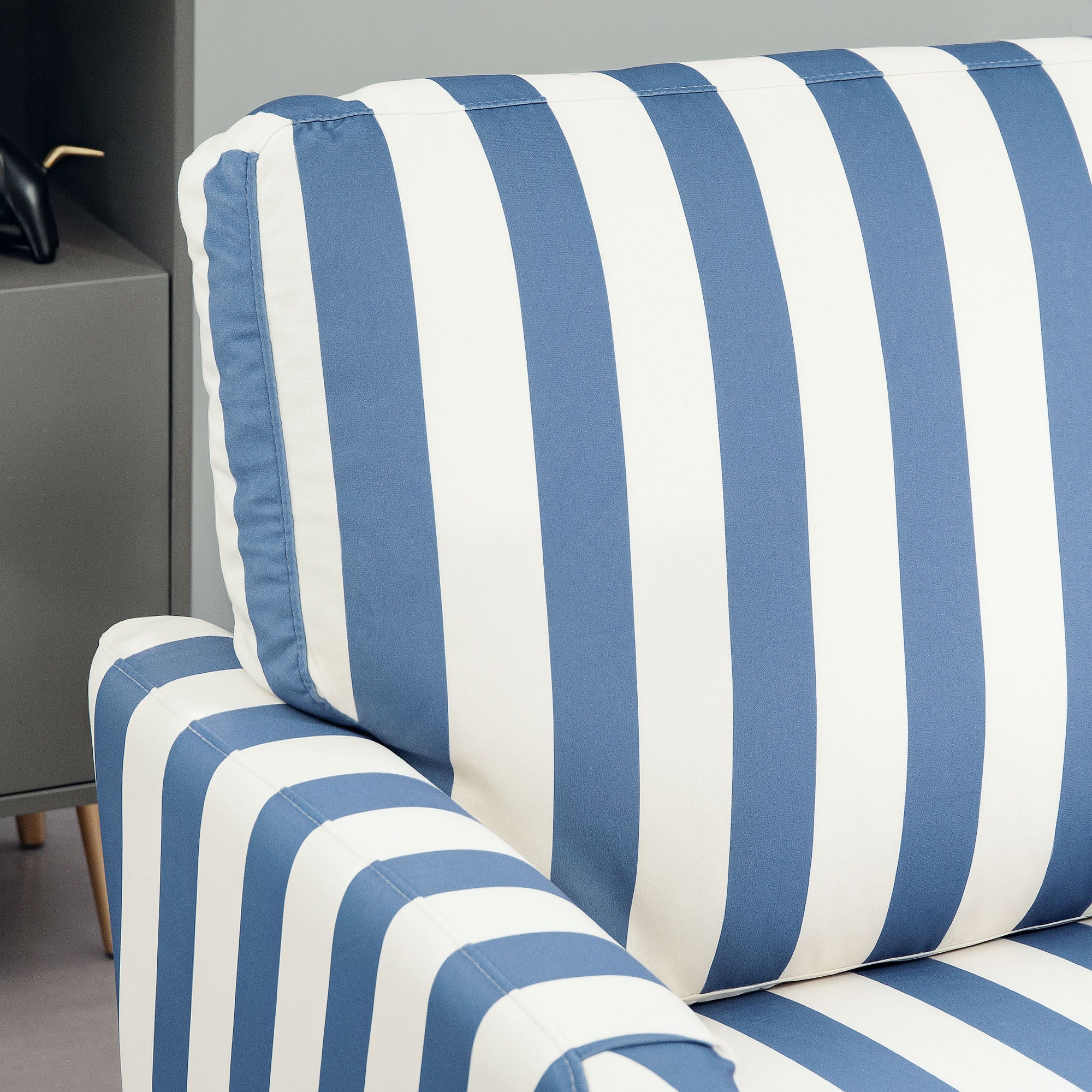 HOMCOM Modern Accent Chair, Velvet Single Sofa Armchair with Stripe, Turned Legs and Wide Seat, Upholstered Snuggle Chair for Living Room, Bedroom, Blue and White - North Peak Garden Furniture