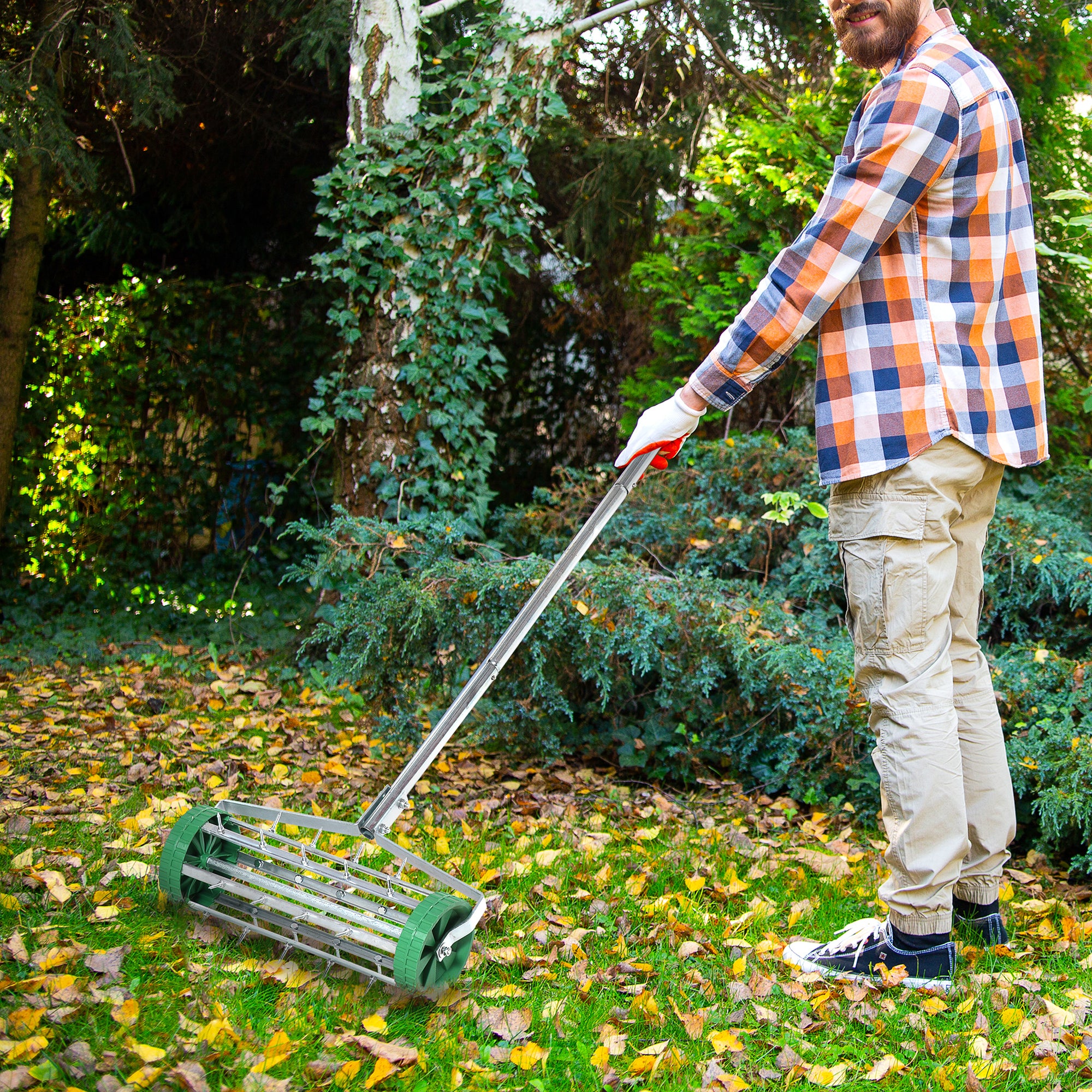 Outsunny Garden Rolling Lawn Aerator Heavy Duty Steel Grass Roller w/ Adjustable Handle - North Peak Garden Furniture