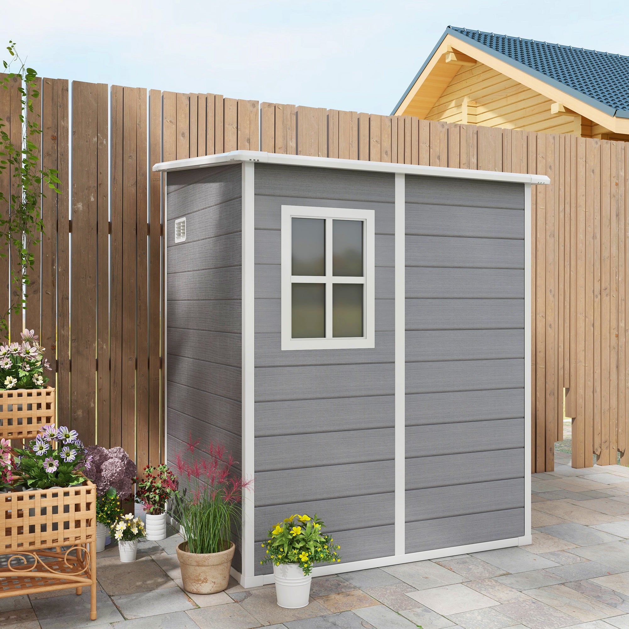 Outsunny 4'x5' Garden Storage Shed, Lean to Shed, Lockable Garden Shed with Window, Vent and Plastic Roof, Grey - North Peak Garden Furniture