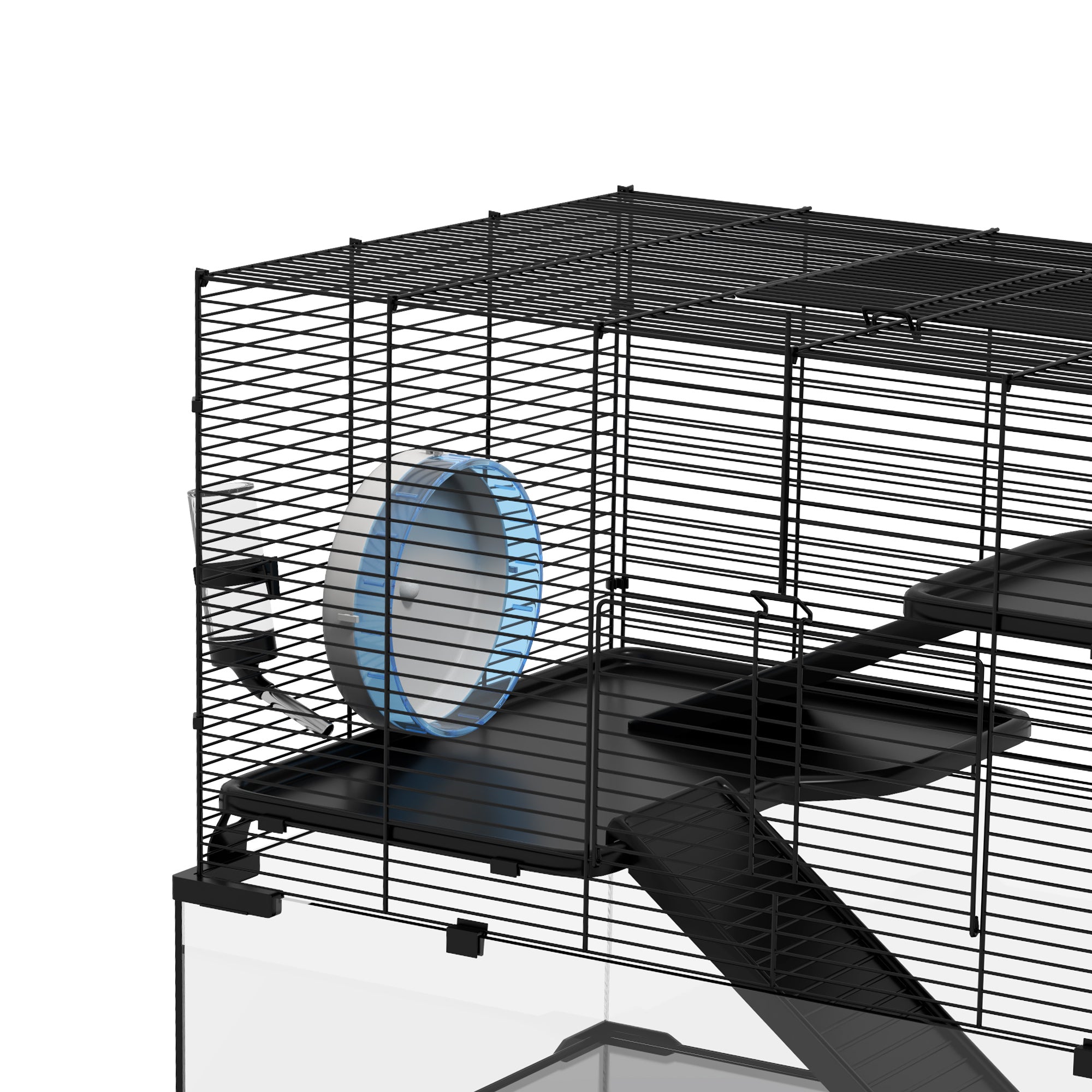 PawHut 3 Tiers Hamster Cage, Gerbil Cage with Deep Glass Bottom, Non-Slip Ramps, Platforms, Hut, Exercise Wheels, Water Bottle, Dish, for Syrian Hamster, Dwarf Hamster, 78.5 x 48.5 x 57cm - North Peak Garden Furniture