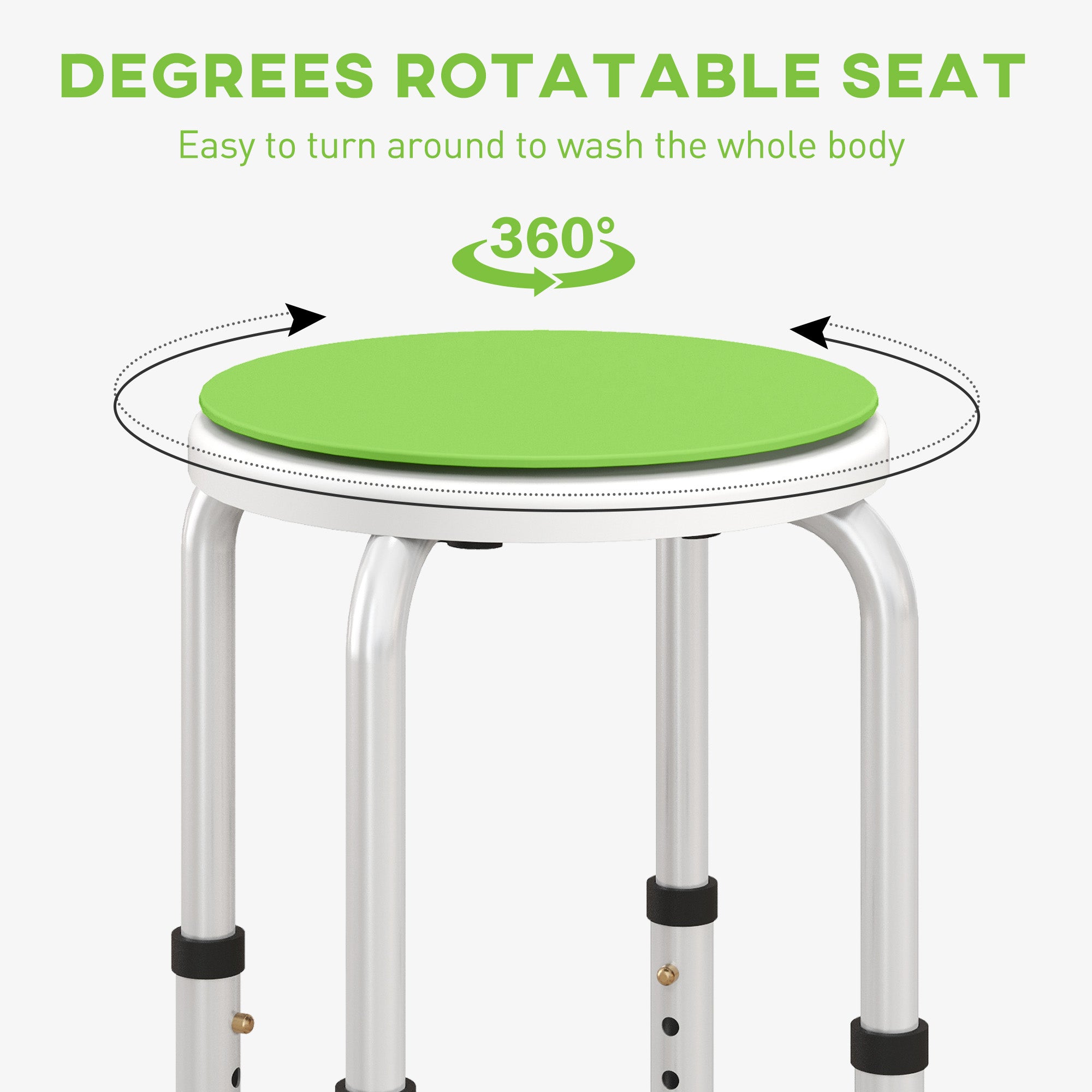HOMCOM 360° Swivel Shower Chair, Height Adjustable Aluminium Shower Stool with Non-Slip Feet for Disabled, Elderly, Green - North Peak Garden Furniture