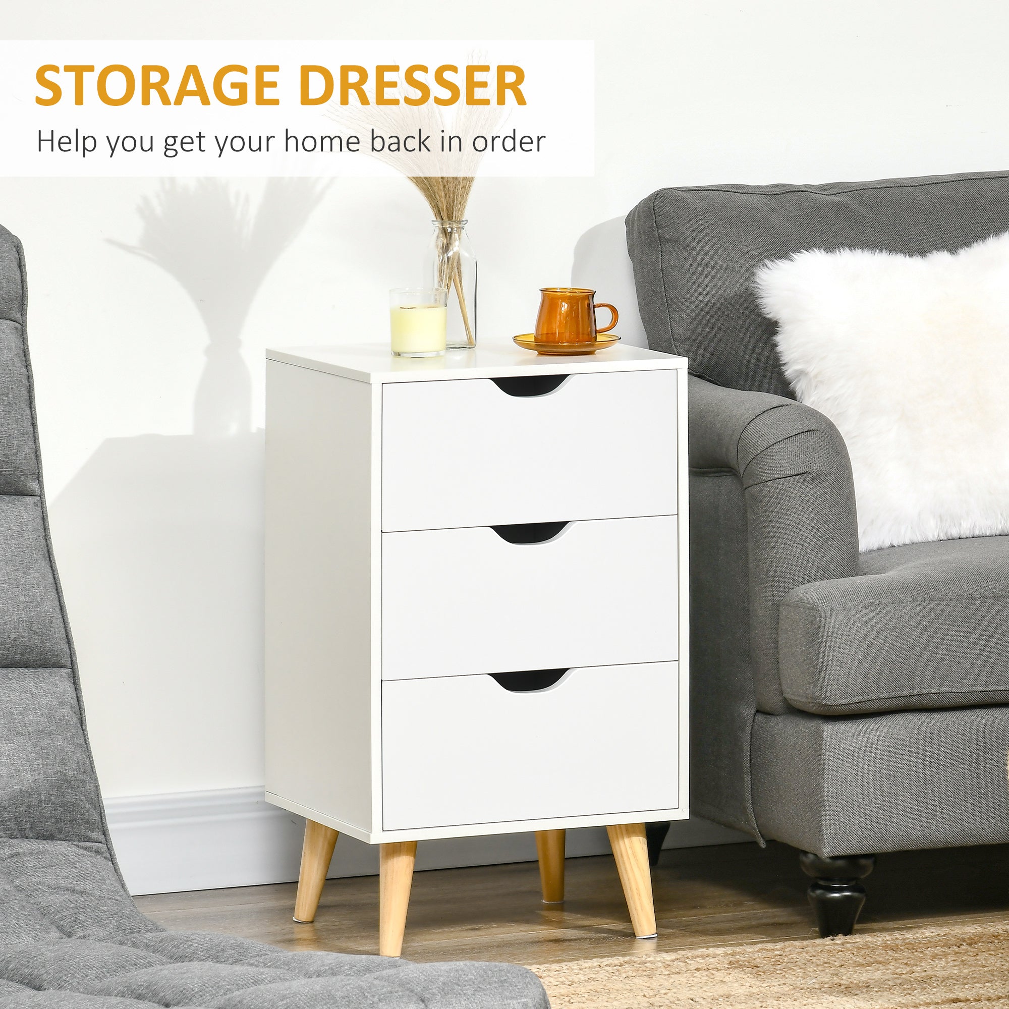 HOMCOM Bedside Table, Bedside Cabinet with 3 Drawers, Small Side Table with Wood Legs and Cut-out Handles for Bedroom, White - North Peak Garden Furniture