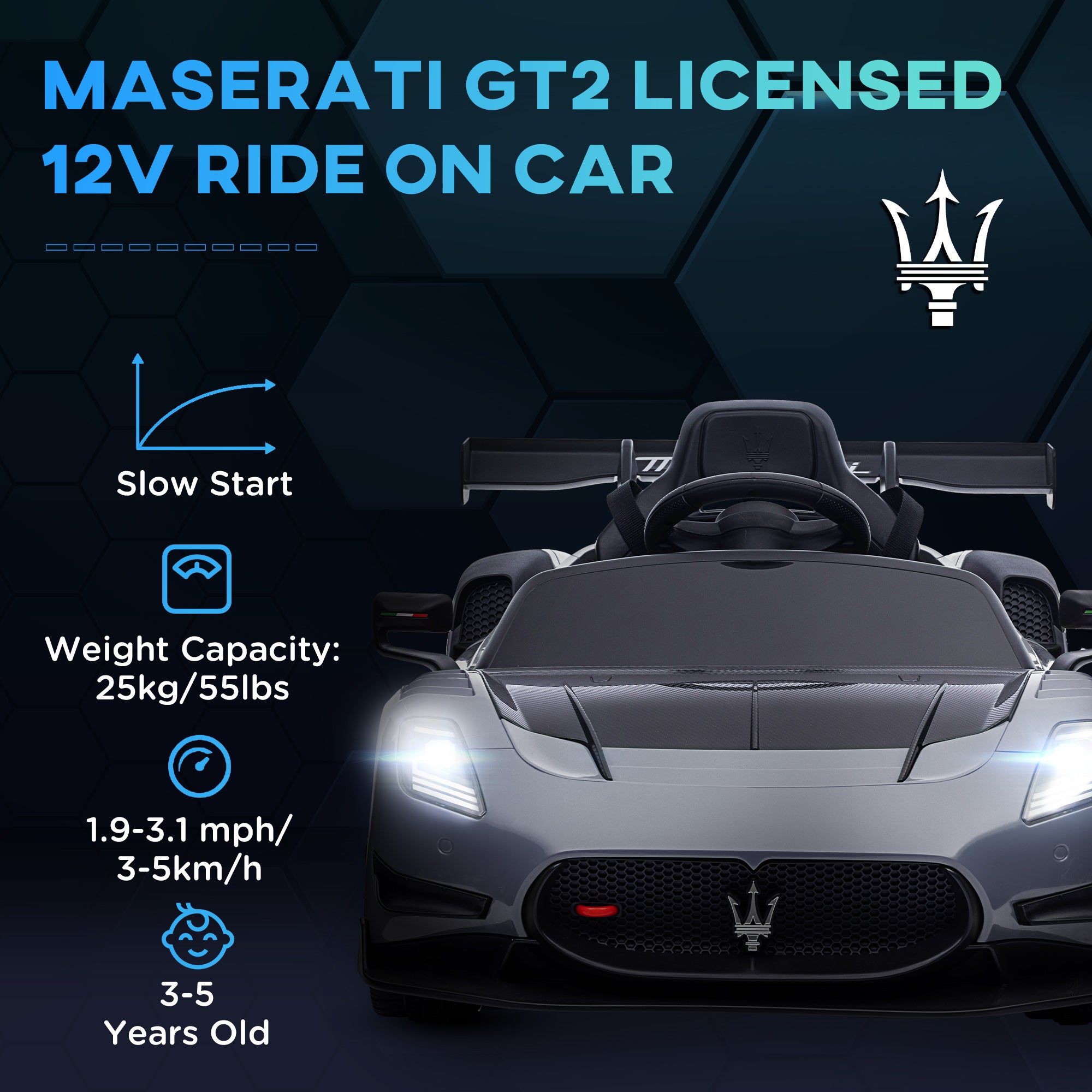 AIYAPLAY Maserati GT2 Licensed 12V Kids Electric Ride on Car with 4 Suspension, Remote Control Music Horn Lights - Grey - North Peak Garden Furniture