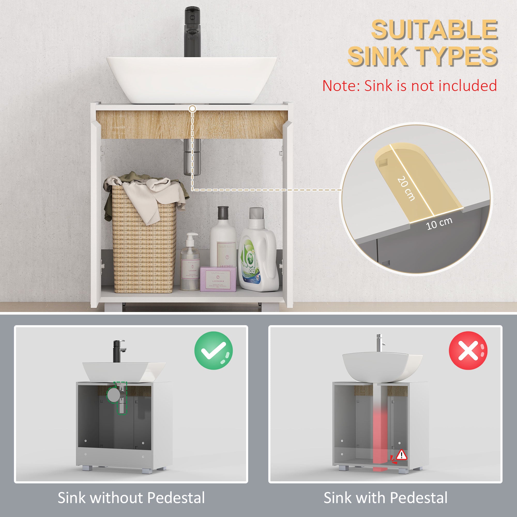 kleankin Modern Bathroom Sink Cabinet, Floor Standing Under Sink Cabinet, Freestanding Storage Cupboard with Double Doors, White - North Peak Garden Furniture