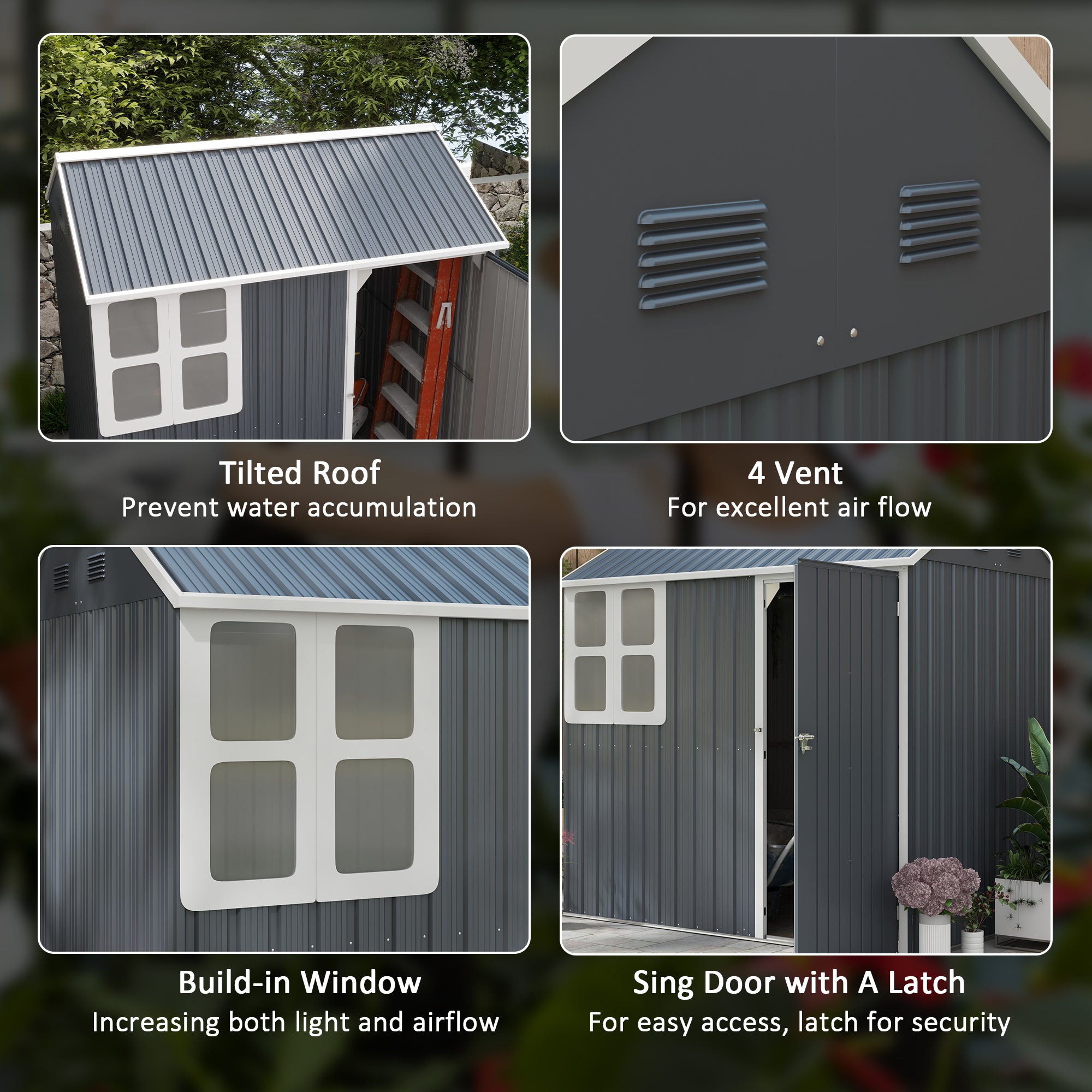 Outsunny 7 x 6ft Galvanised Garden Shed, with Latch - Dark Grey - North Peak Garden Furniture
