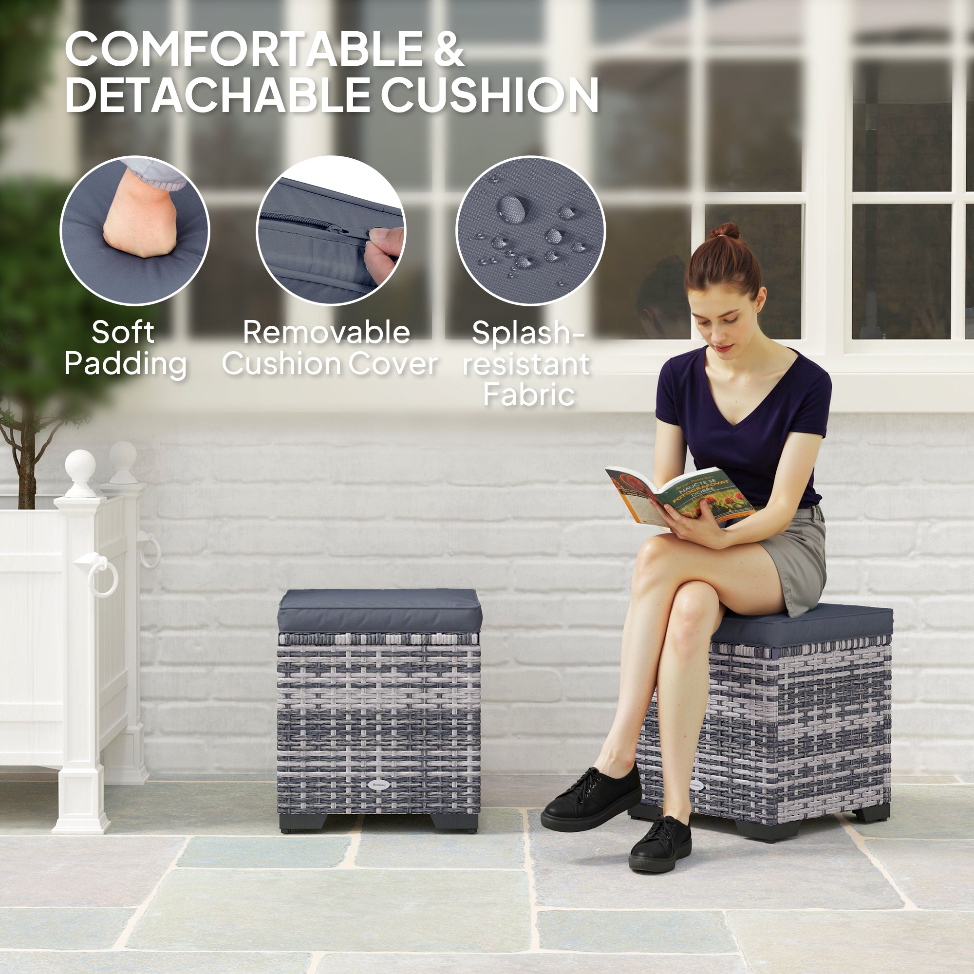 Outsunny Set of 2 Rattan Storage Ottoman, Outdoor Footstool with Removable Cushions, Garden Storage Seat for Balcony, Poolside, Living Room, Dark Grey - North Peak Garden Furniture